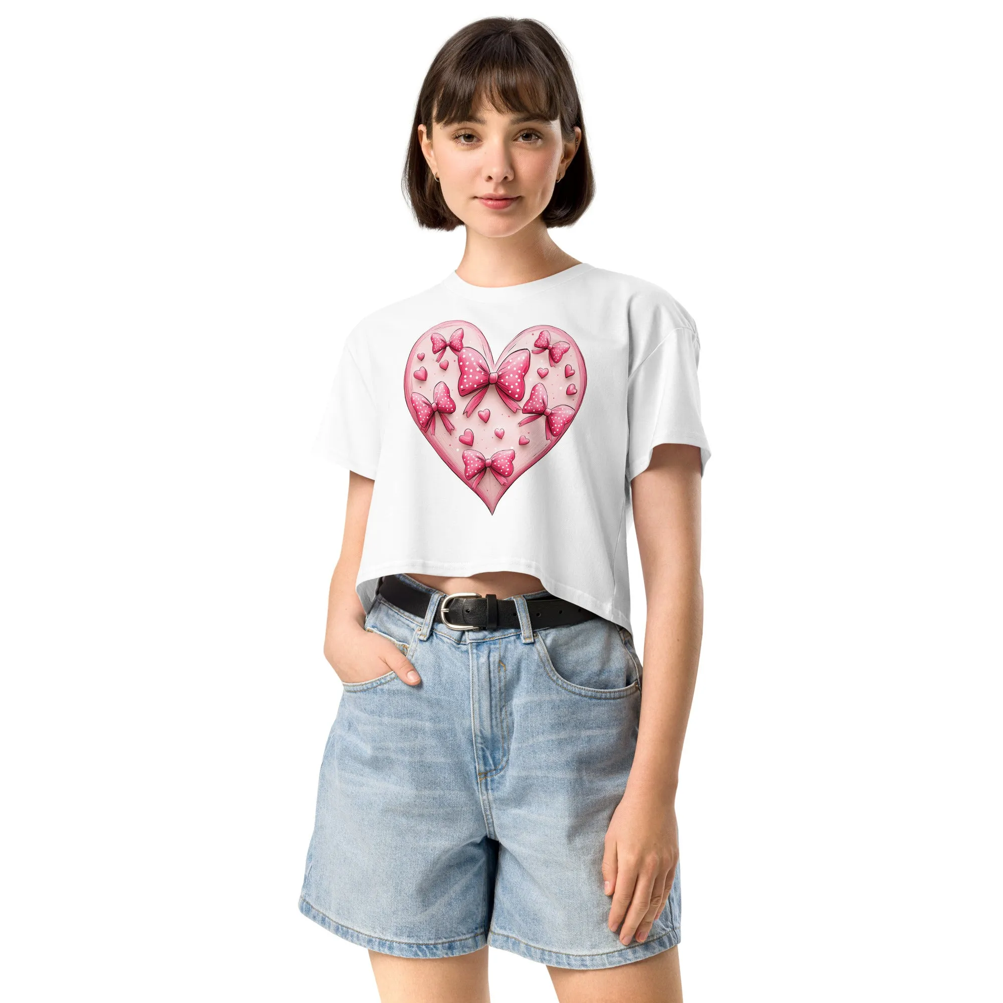 Coquette Heart Pink Heart Bow Crop Top