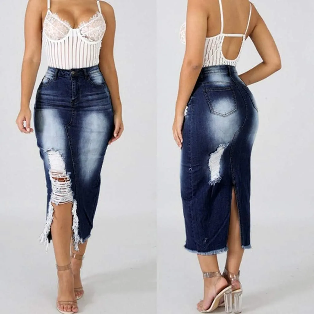 Denim Skirts for Women Casual Summer Ripped Destroyed Bodycon Jean Skirt Midi Skirts for Women