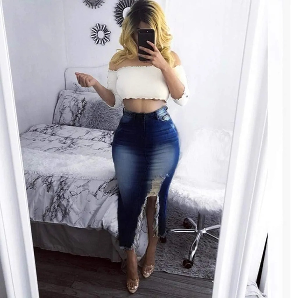 Denim Skirts for Women Casual Summer Ripped Destroyed Bodycon Jean Skirt Midi Skirts for Women