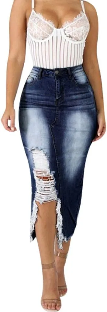 Denim Skirts for Women Casual Summer Ripped Destroyed Bodycon Jean Skirt Midi Skirts for Women