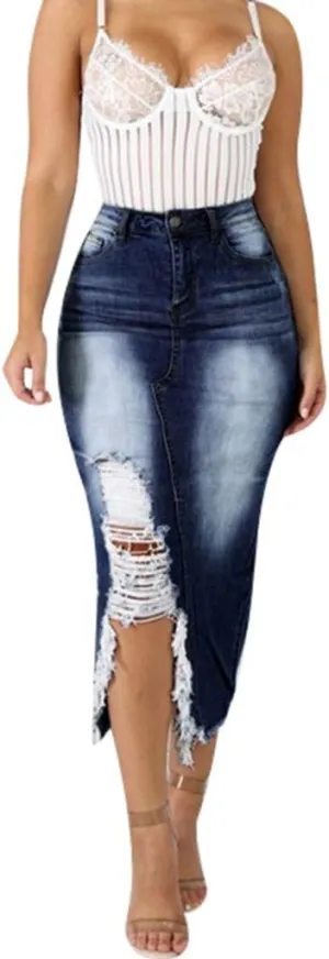 Denim Skirts for Women Casual Summer Ripped Destroyed Bodycon Jean Skirt Midi Skirts for Women