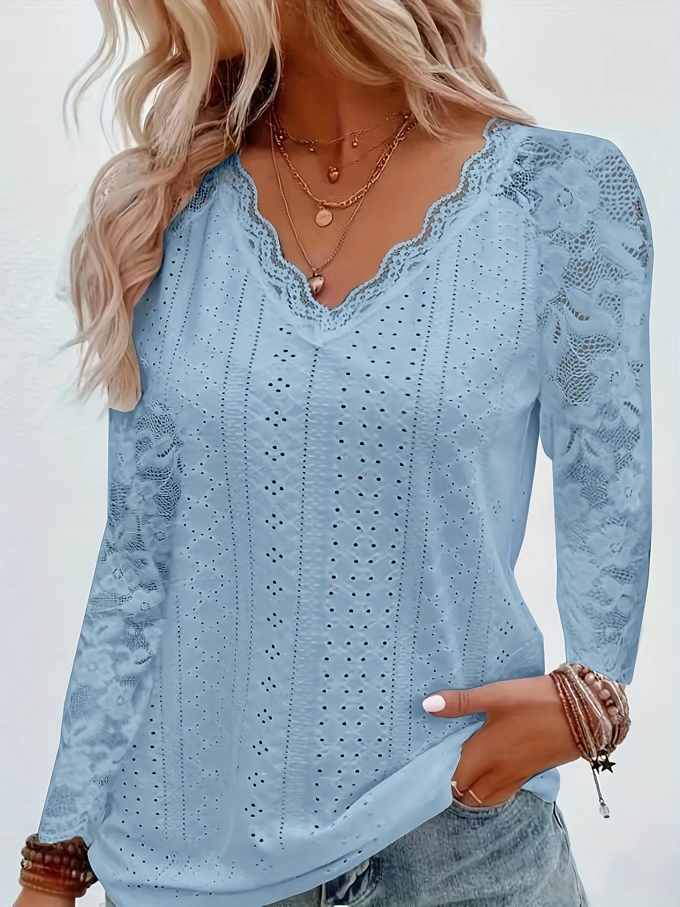 Elegant Contrast Lace V-neck T-shirt, Long Sleeve, Ideal for Spring & Fall.