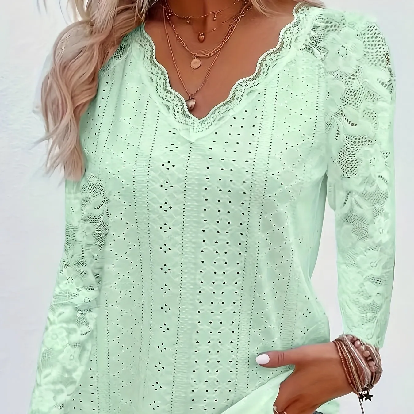 Elegant Contrast Lace V-neck T-shirt, Long Sleeve, Ideal for Spring & Fall.