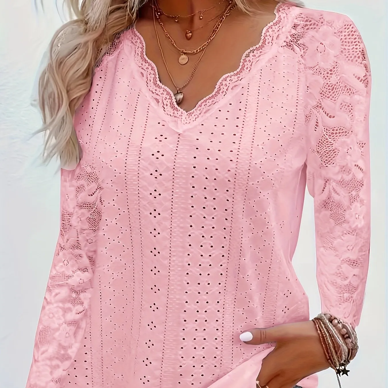 Elegant Contrast Lace V-neck T-shirt, Long Sleeve, Ideal for Spring & Fall.
