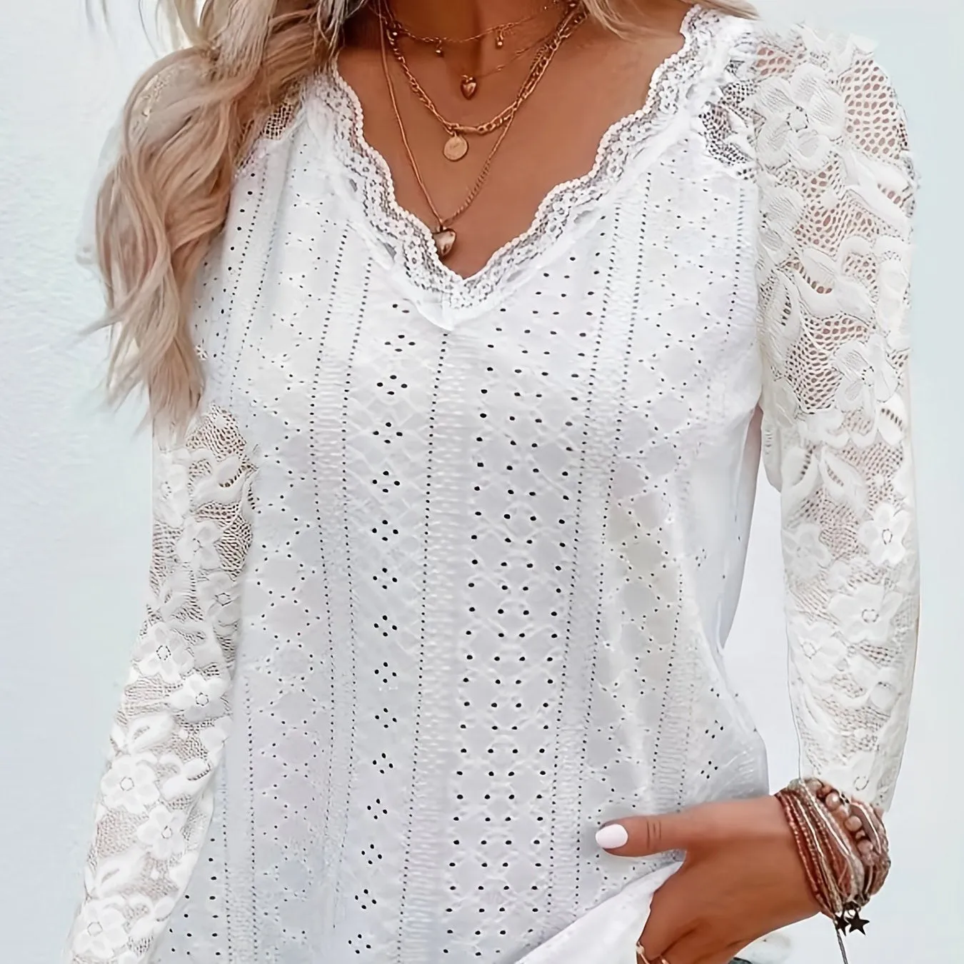 Elegant Contrast Lace V-neck T-shirt, Long Sleeve, Ideal for Spring & Fall.