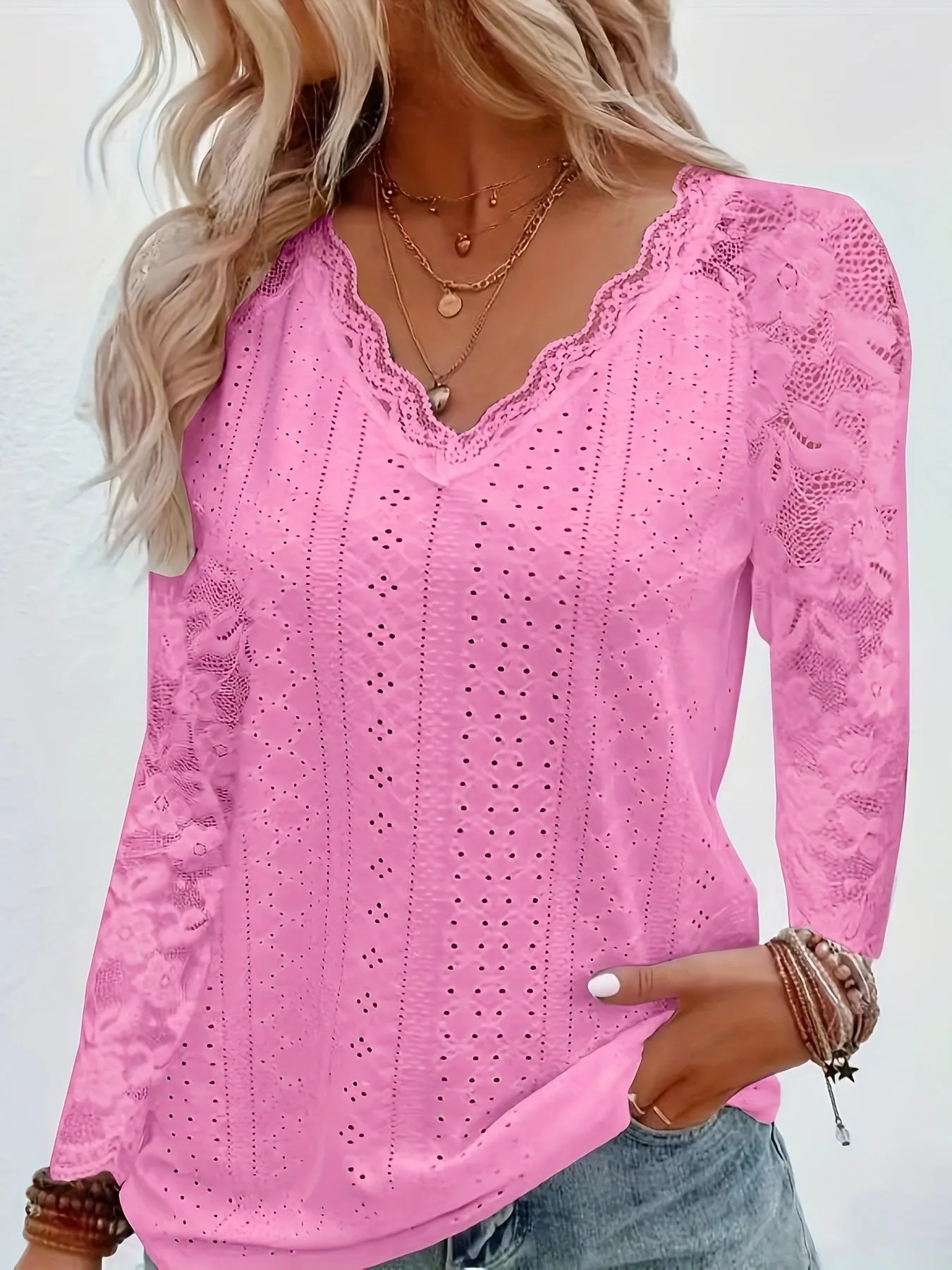 Elegant Contrast Lace V-neck T-shirt, Long Sleeve, Ideal for Spring & Fall.