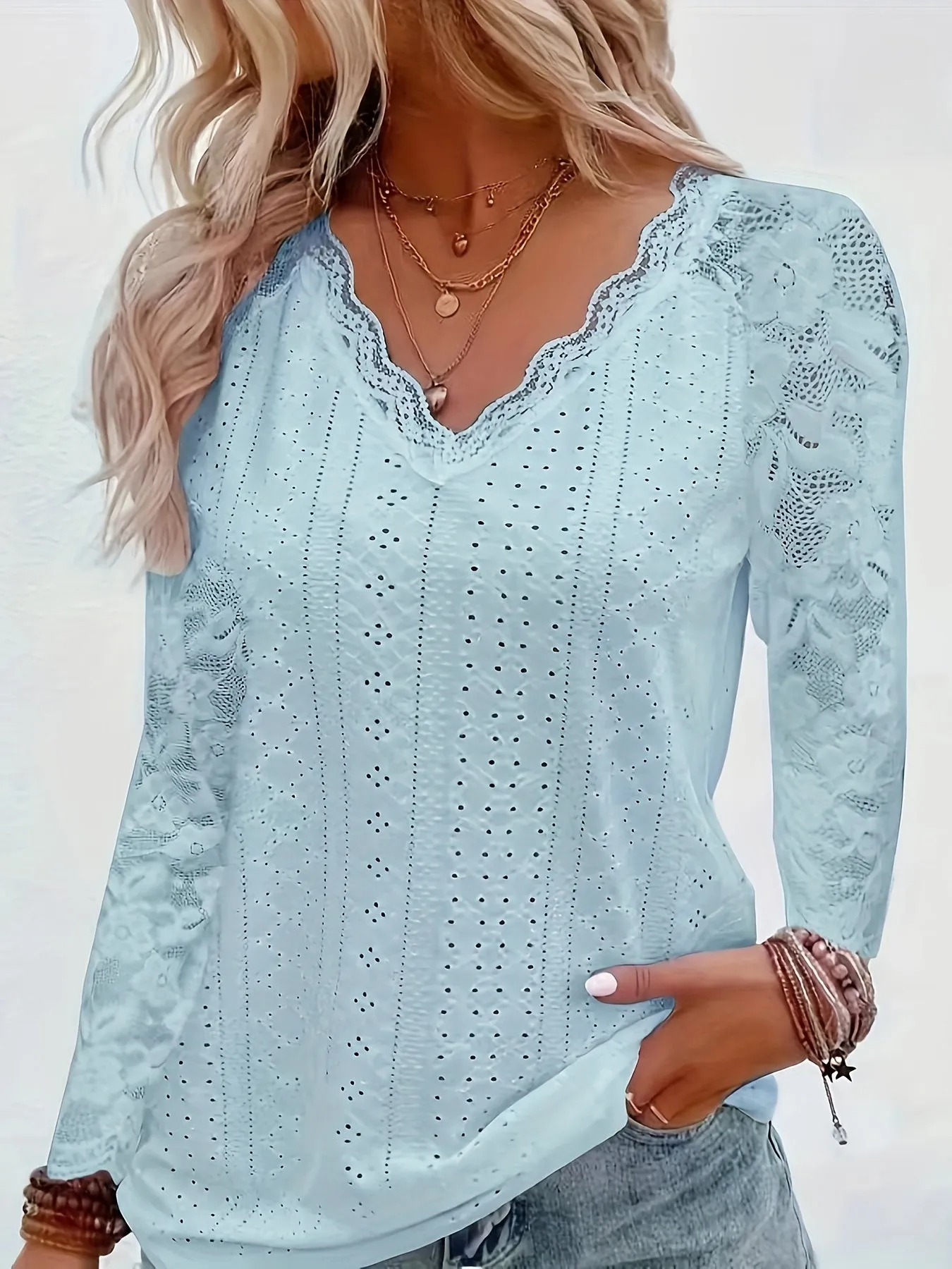 Elegant Contrast Lace V-neck T-shirt, Long Sleeve, Ideal for Spring & Fall.