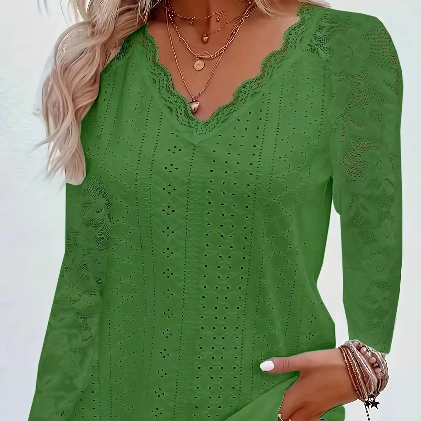 Elegant Contrast Lace V-neck T-shirt, Long Sleeve, Ideal for Spring & Fall.