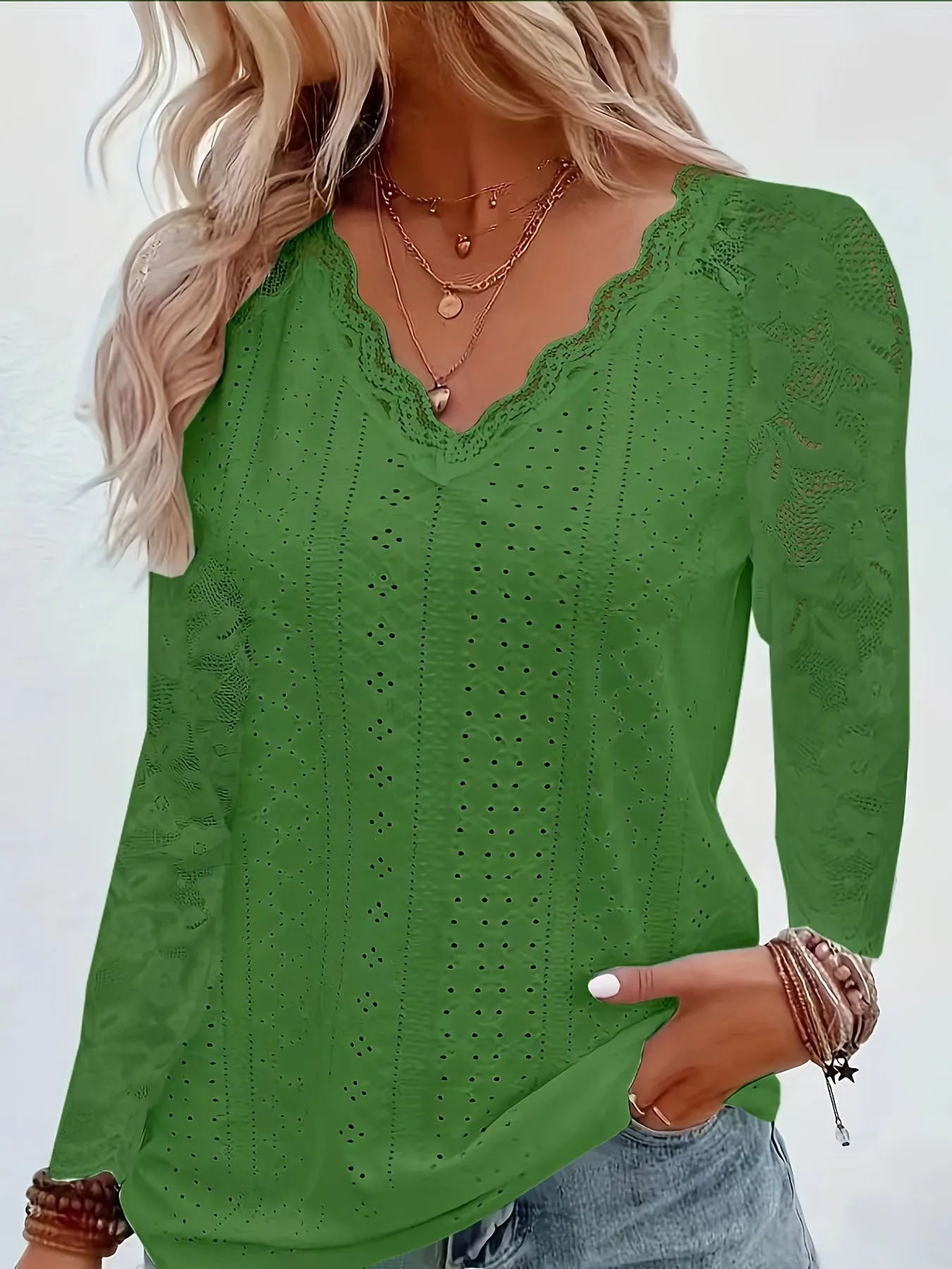 Elegant Contrast Lace V-neck T-shirt, Long Sleeve, Ideal for Spring & Fall.