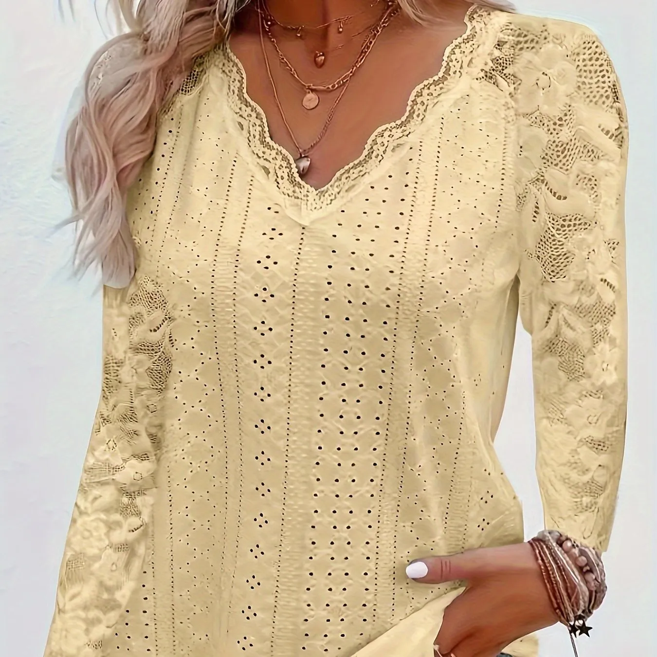 Elegant Contrast Lace V-neck T-shirt, Long Sleeve, Ideal for Spring & Fall.