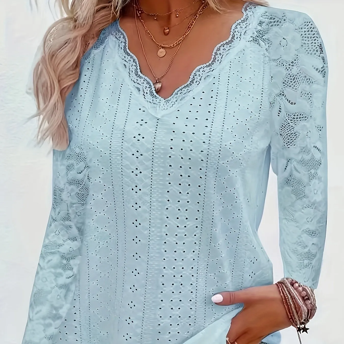 Elegant Contrast Lace V-neck T-shirt, Long Sleeve, Ideal for Spring & Fall.
