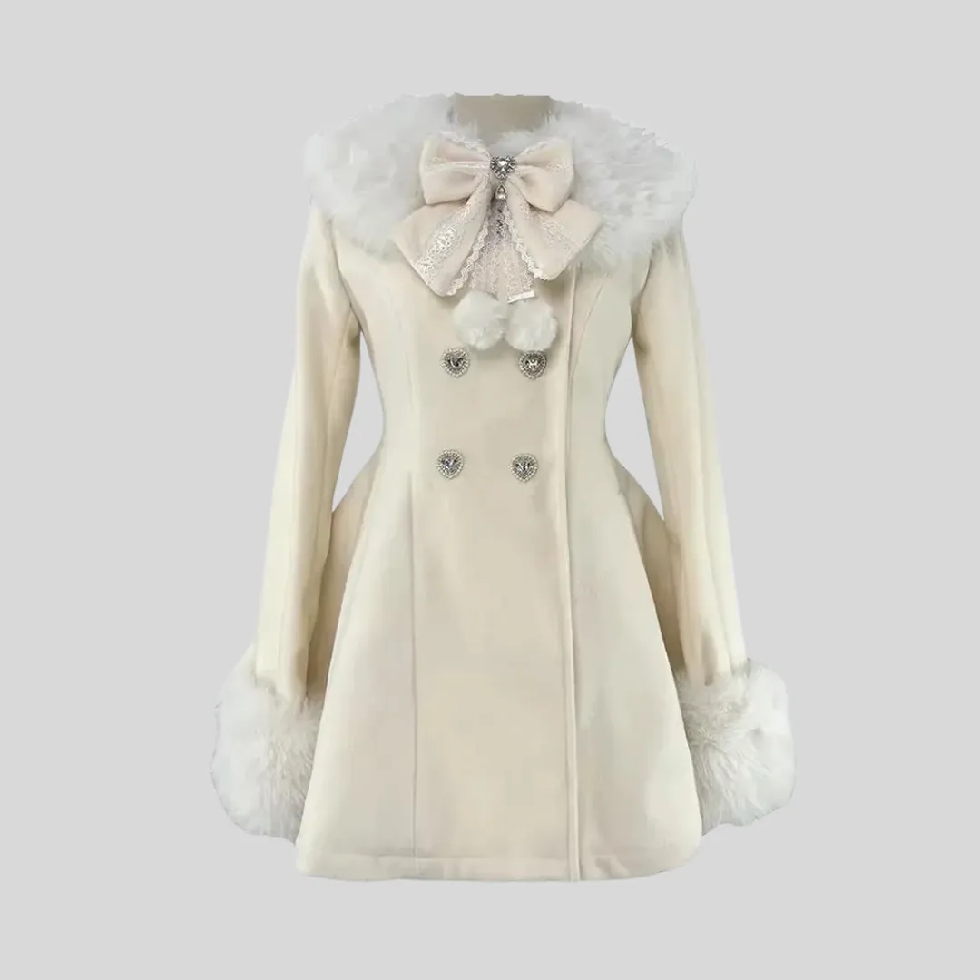 Elegant Fur Coat With Bow - Ivory
