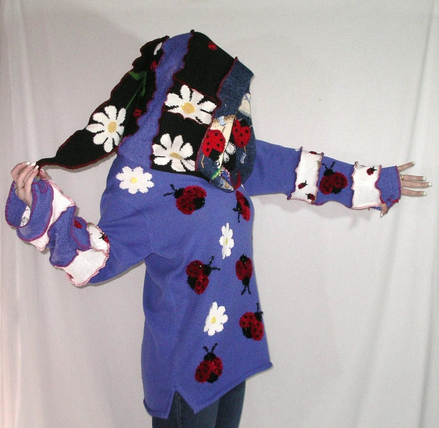 Elf Hoodie "Ladybug" Size Large Royal Blue Recycled Sweater Art Pullover Jumper Tunic With Red Ladybird Beetles And White Daisies Fairy Fantasy Fashion