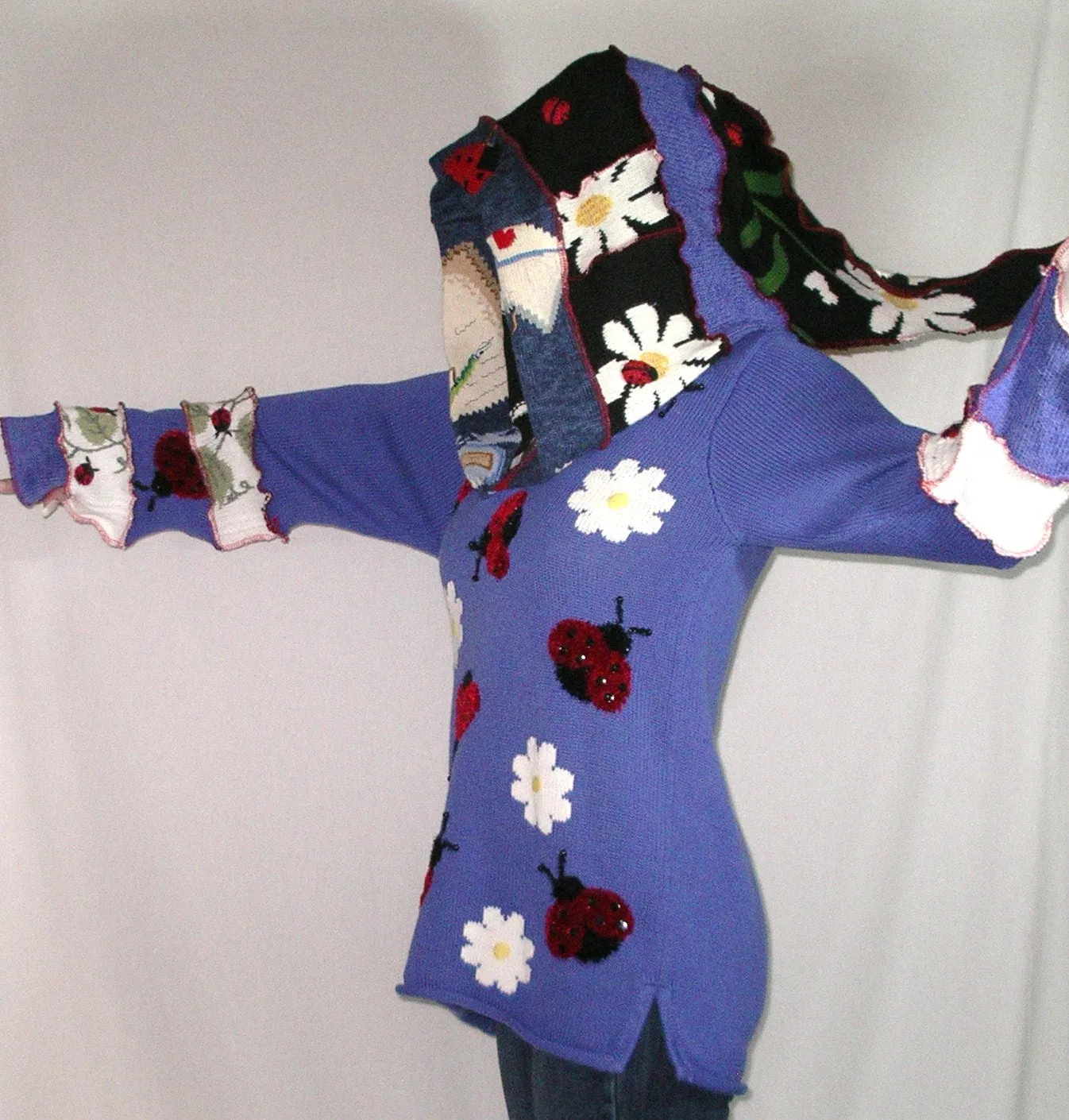 Elf Hoodie "Ladybug" Size Large Royal Blue Recycled Sweater Art Pullover Jumper Tunic With Red Ladybird Beetles And White Daisies Fairy Fantasy Fashion