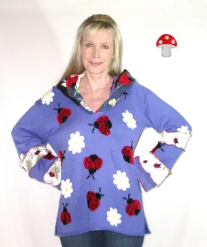 Elf Hoodie "Ladybug" Size Large Royal Blue Recycled Sweater Art Pullover Jumper Tunic With Red Ladybird Beetles And White Daisies Fairy Fantasy Fashion