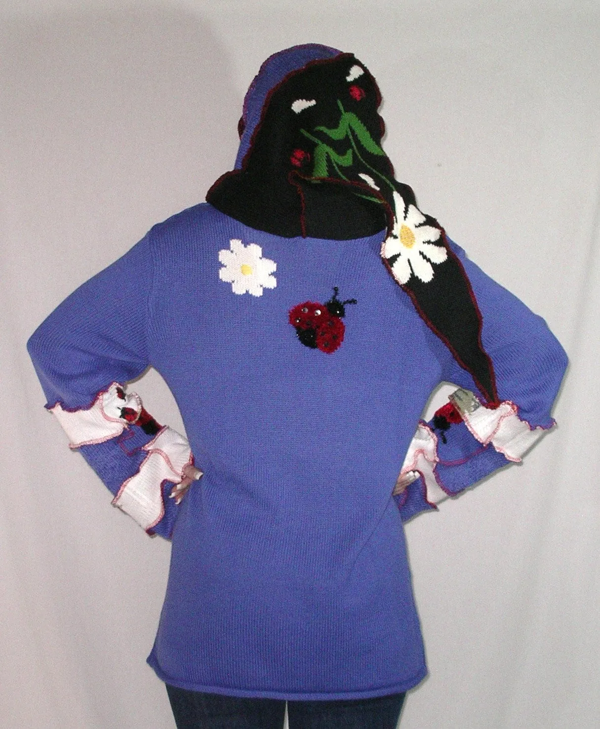 Elf Hoodie "Ladybug" Size Large Royal Blue Recycled Sweater Art Pullover Jumper Tunic With Red Ladybird Beetles And White Daisies Fairy Fantasy Fashion