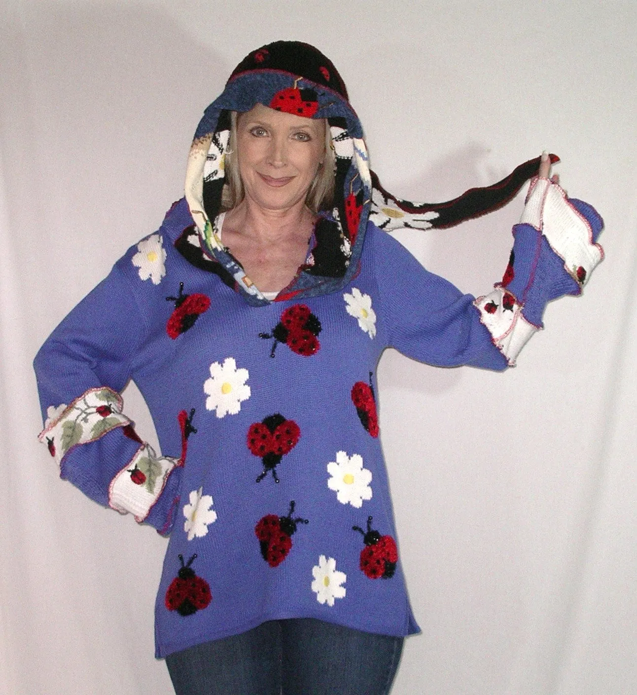 Elf Hoodie "Ladybug" Size Large Royal Blue Recycled Sweater Art Pullover Jumper Tunic With Red Ladybird Beetles And White Daisies Fairy Fantasy Fashion