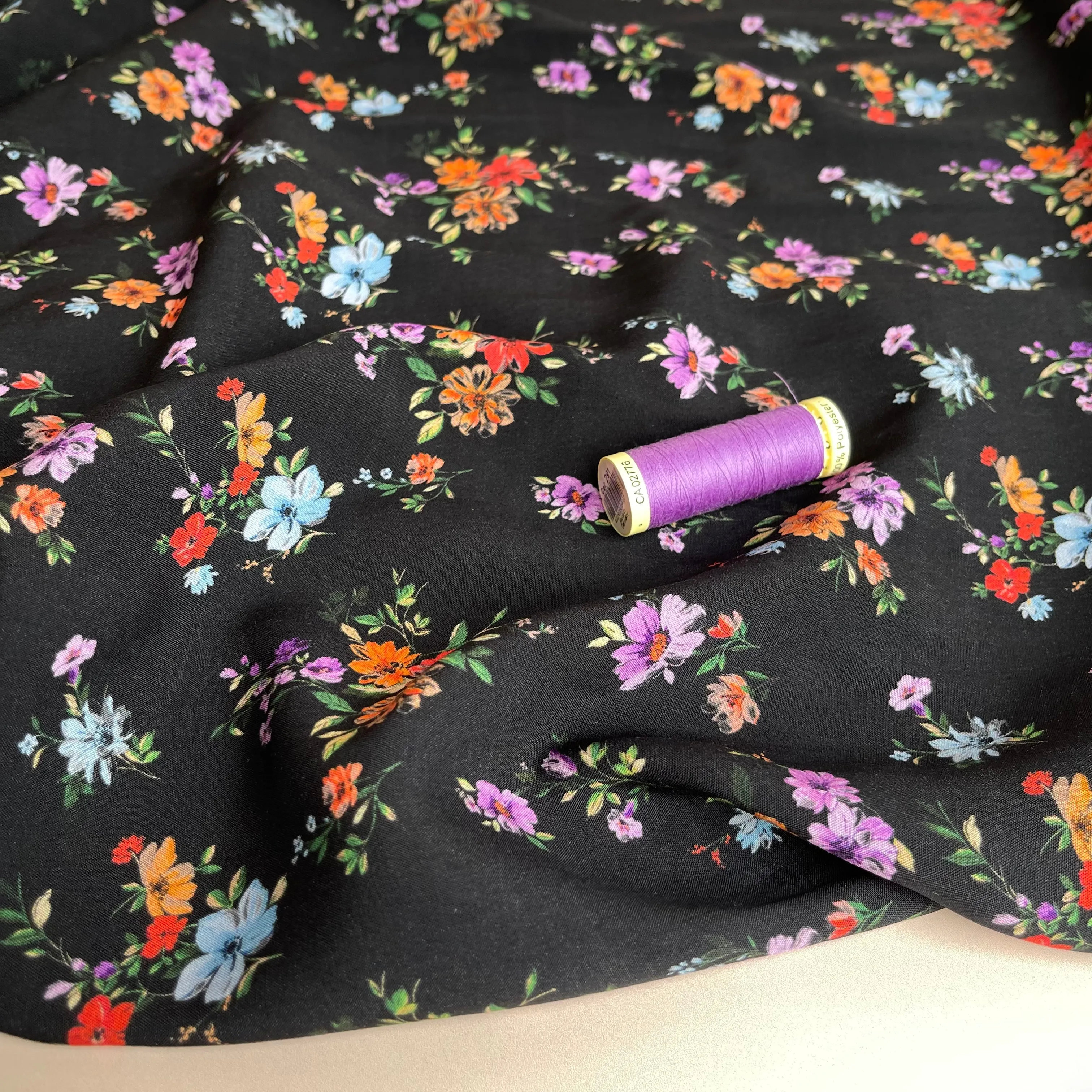 Flower Bouquets on Black Viscose Fabric