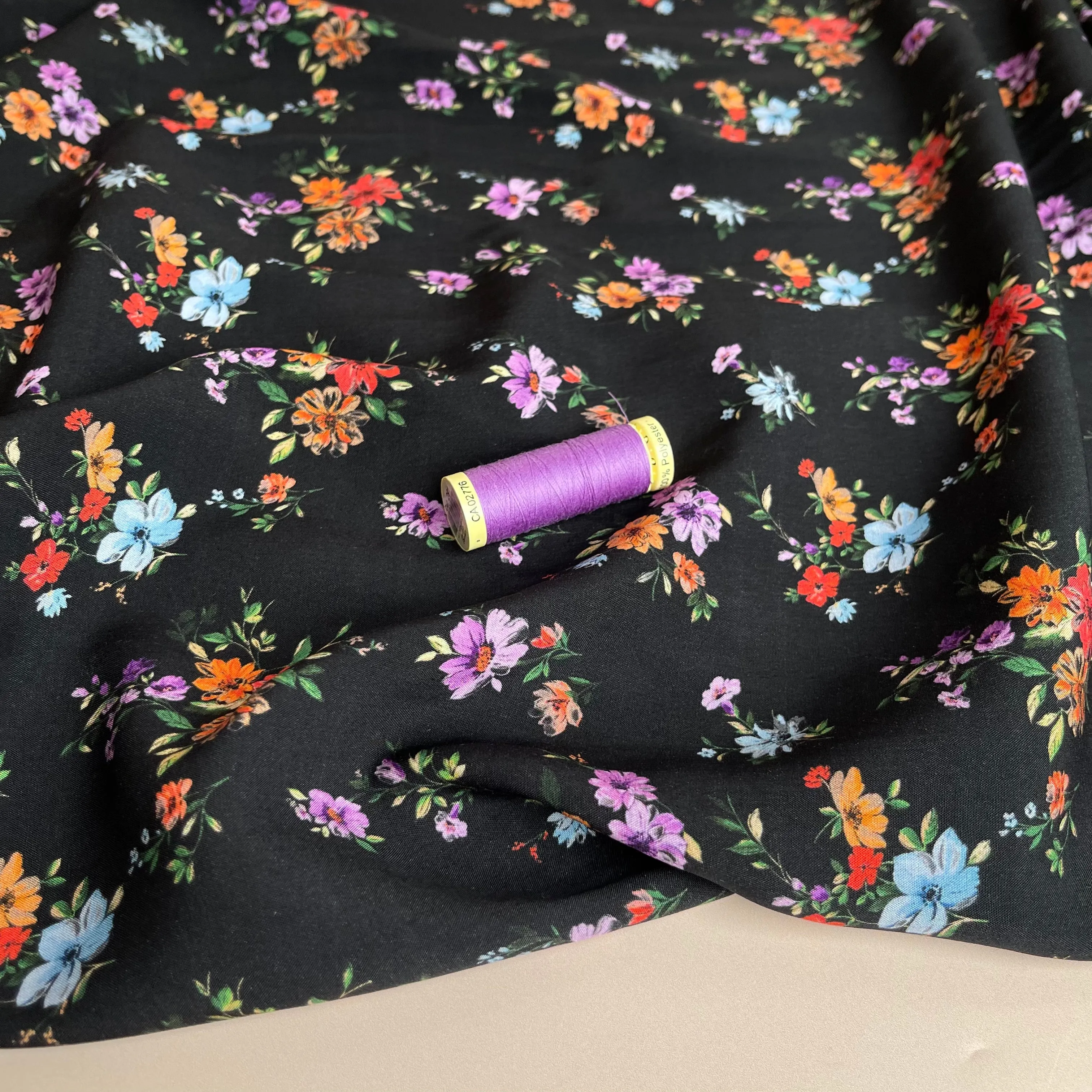 Flower Bouquets on Black Viscose Fabric
