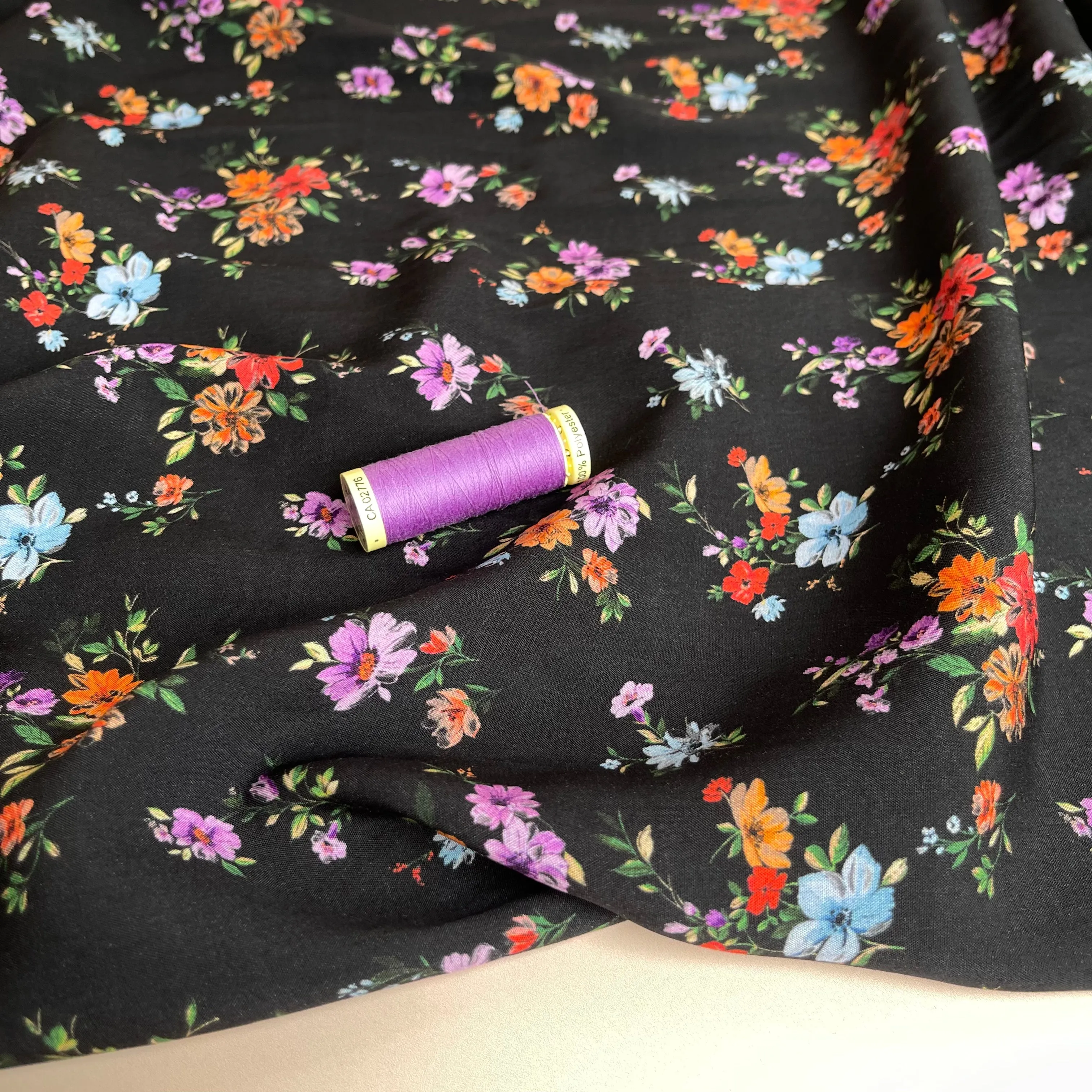 Flower Bouquets on Black Viscose Fabric