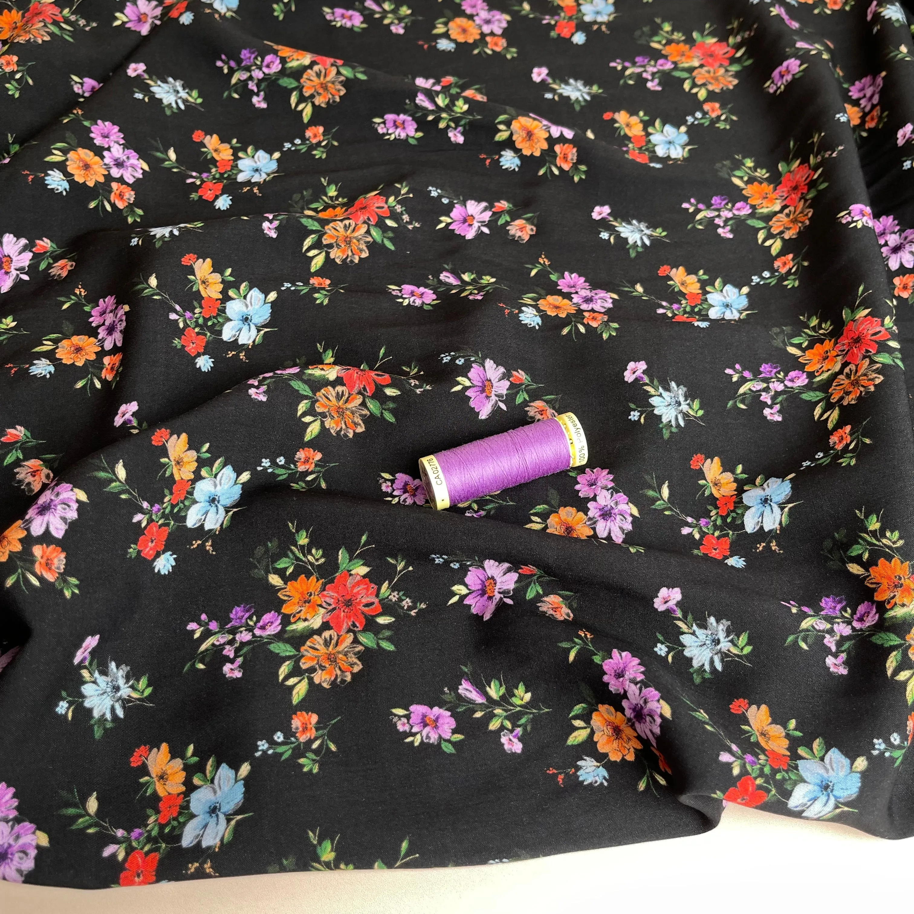 Flower Bouquets on Black Viscose Fabric