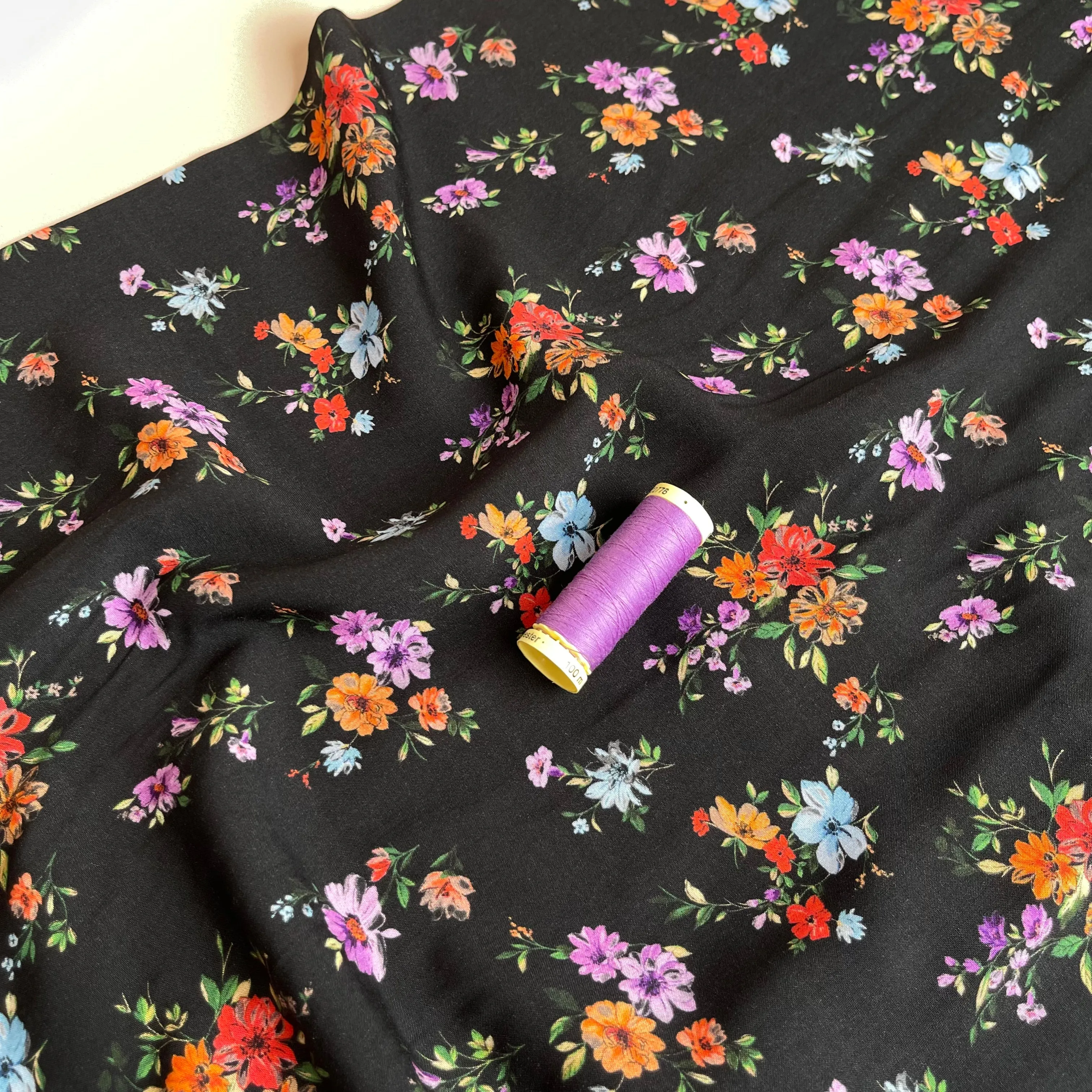 Flower Bouquets on Black Viscose Fabric