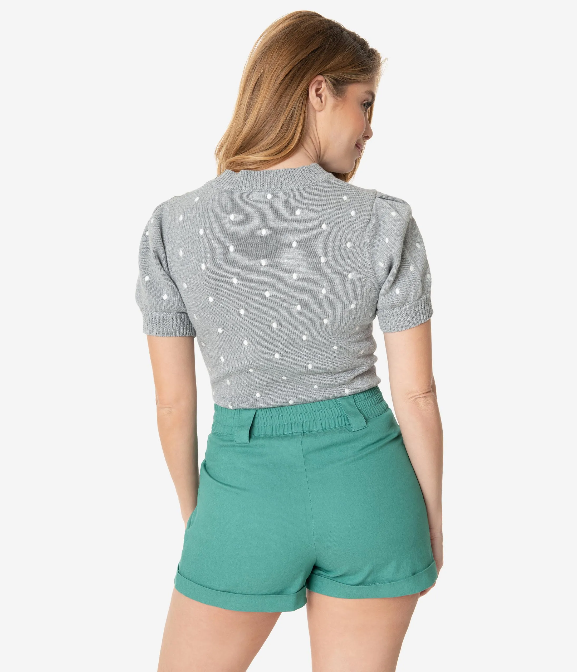 Grey & White Polka Dot Short Sleeve Cotton Knit Sweater