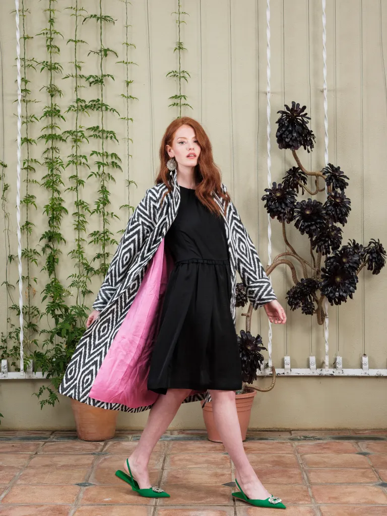 Handwoven Silk Ikat Shawl Coat - Black and White Diamonds