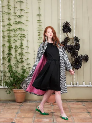 Handwoven Silk Ikat Shawl Coat - Black and White Diamonds