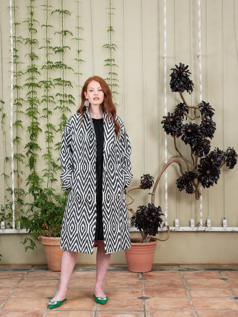 Handwoven Silk Ikat Shawl Coat - Black and White Diamonds