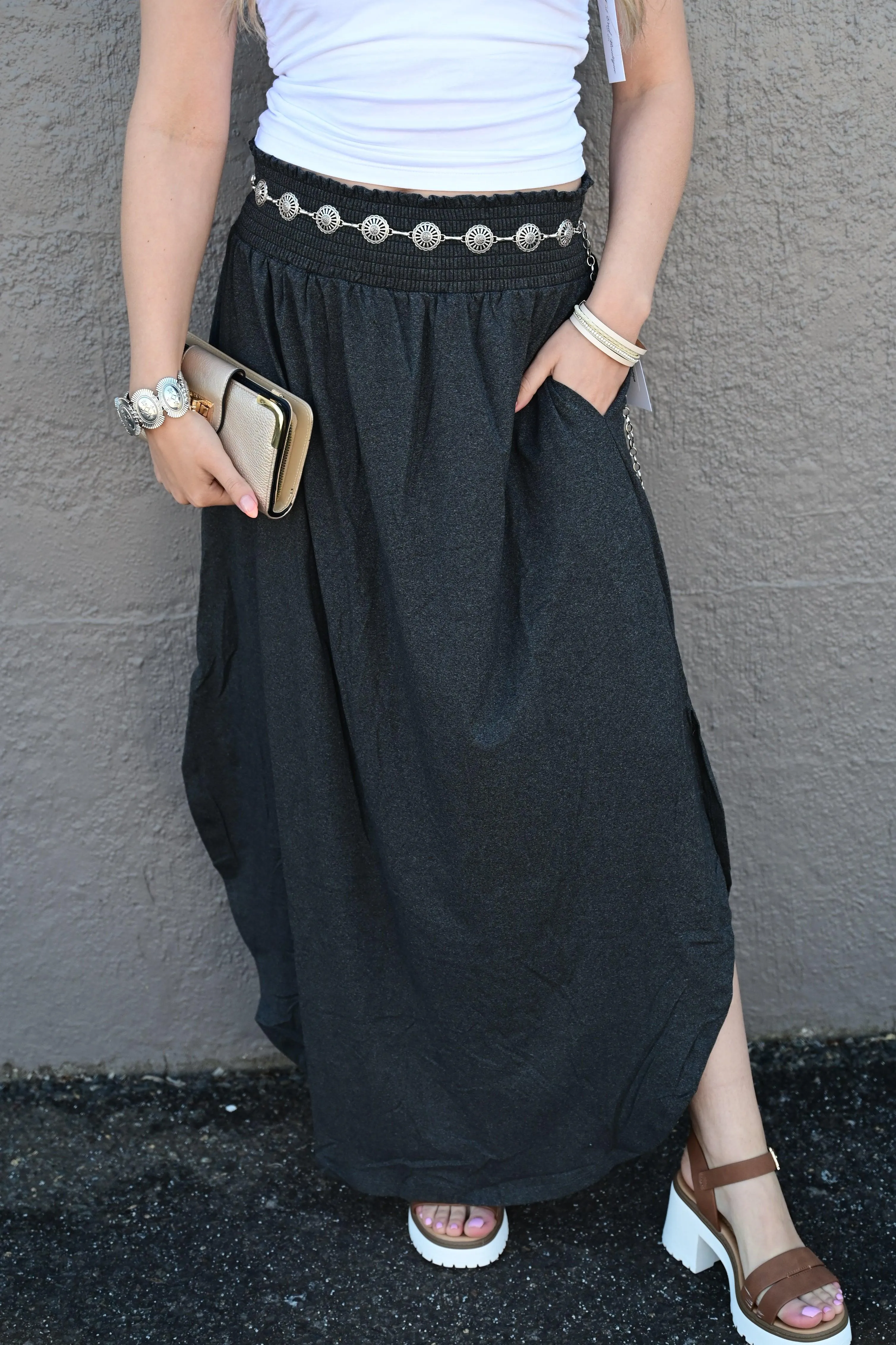 Julia Smocking waist maxi skirt with side pocket S-XL