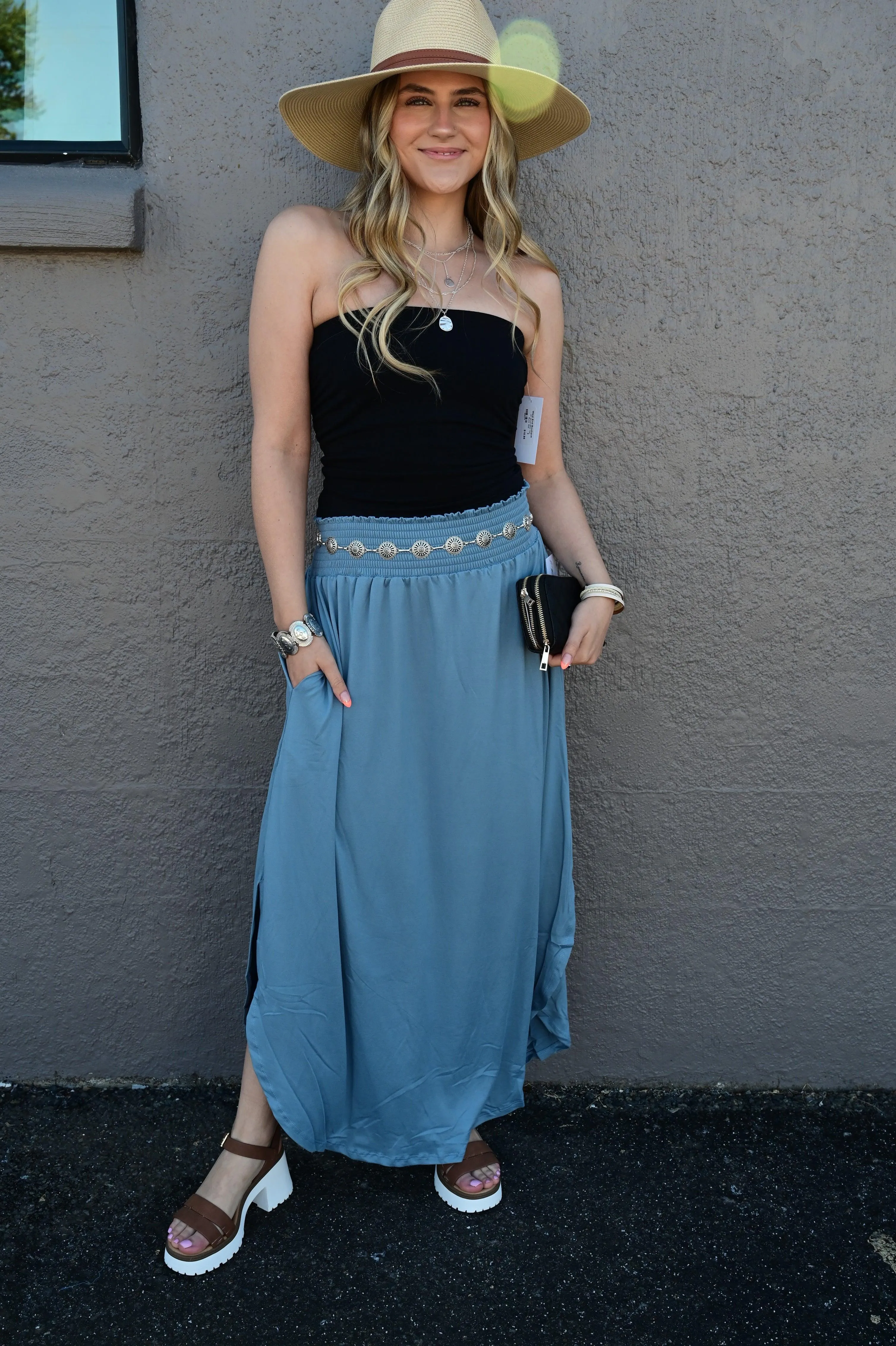 Julia Smocking waist maxi skirt with side pocket S-XL
