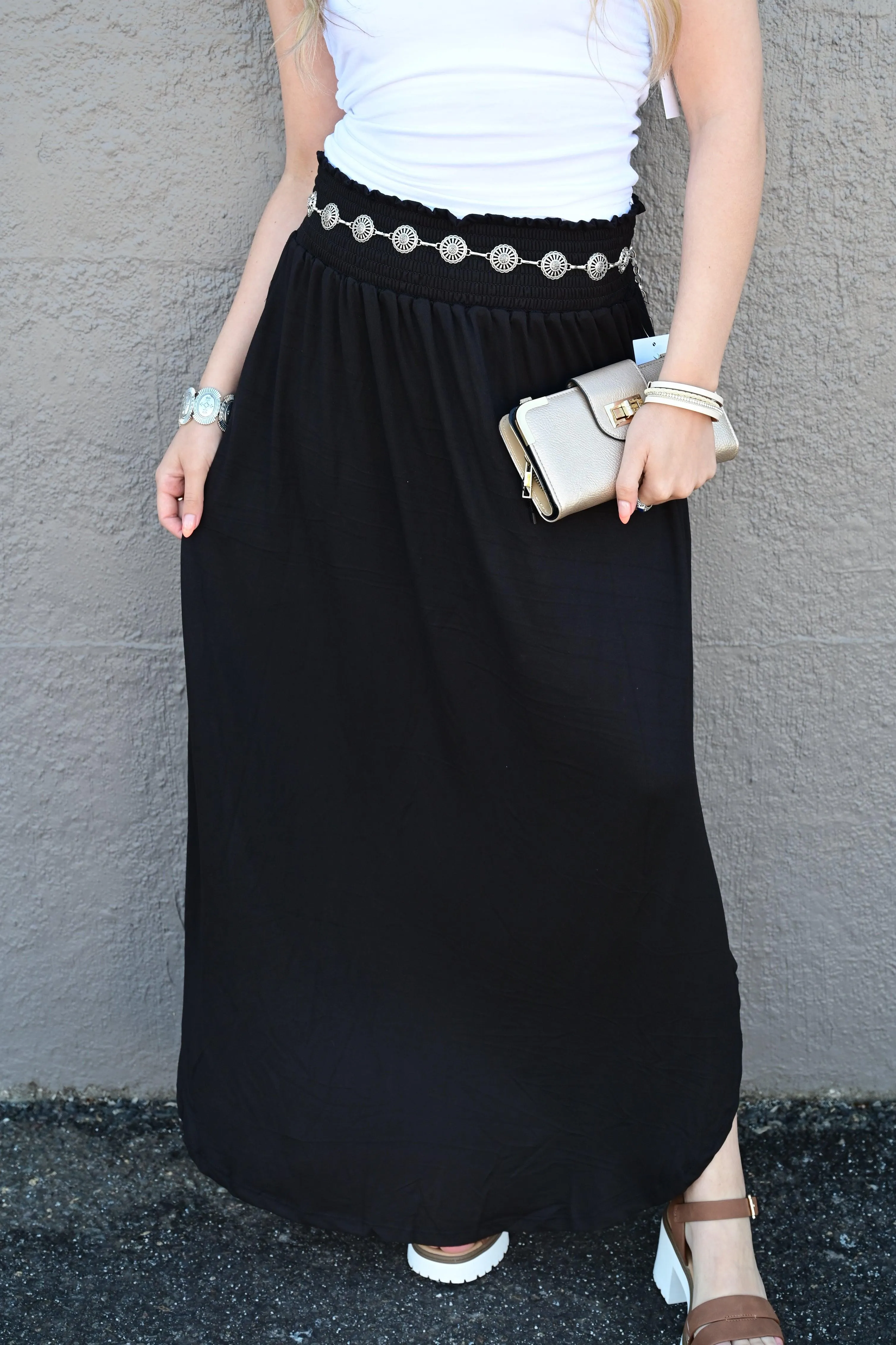 Julia Smocking waist maxi skirt with side pocket S-XL