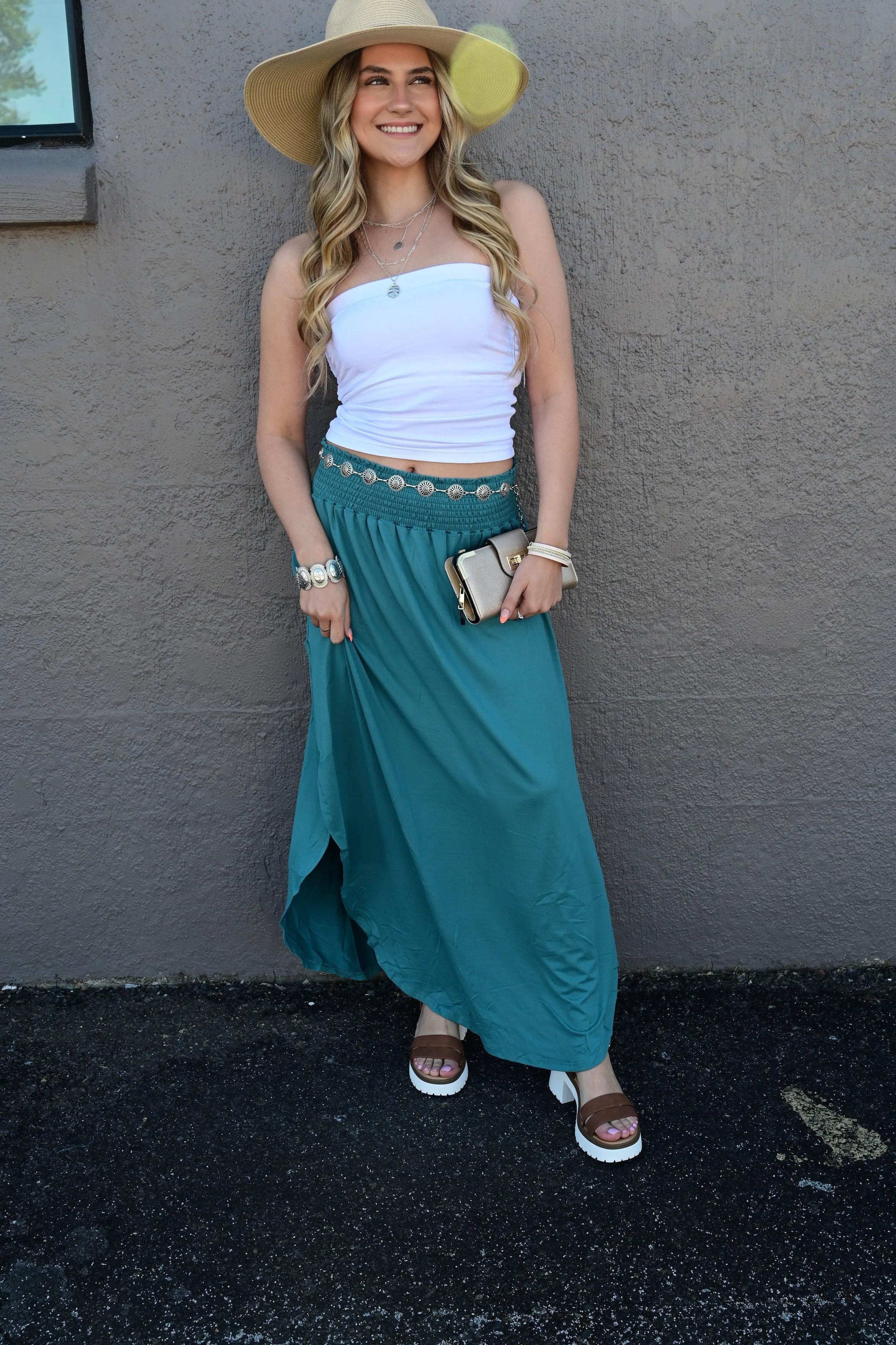 Julia Smocking waist maxi skirt with side pocket S-XL