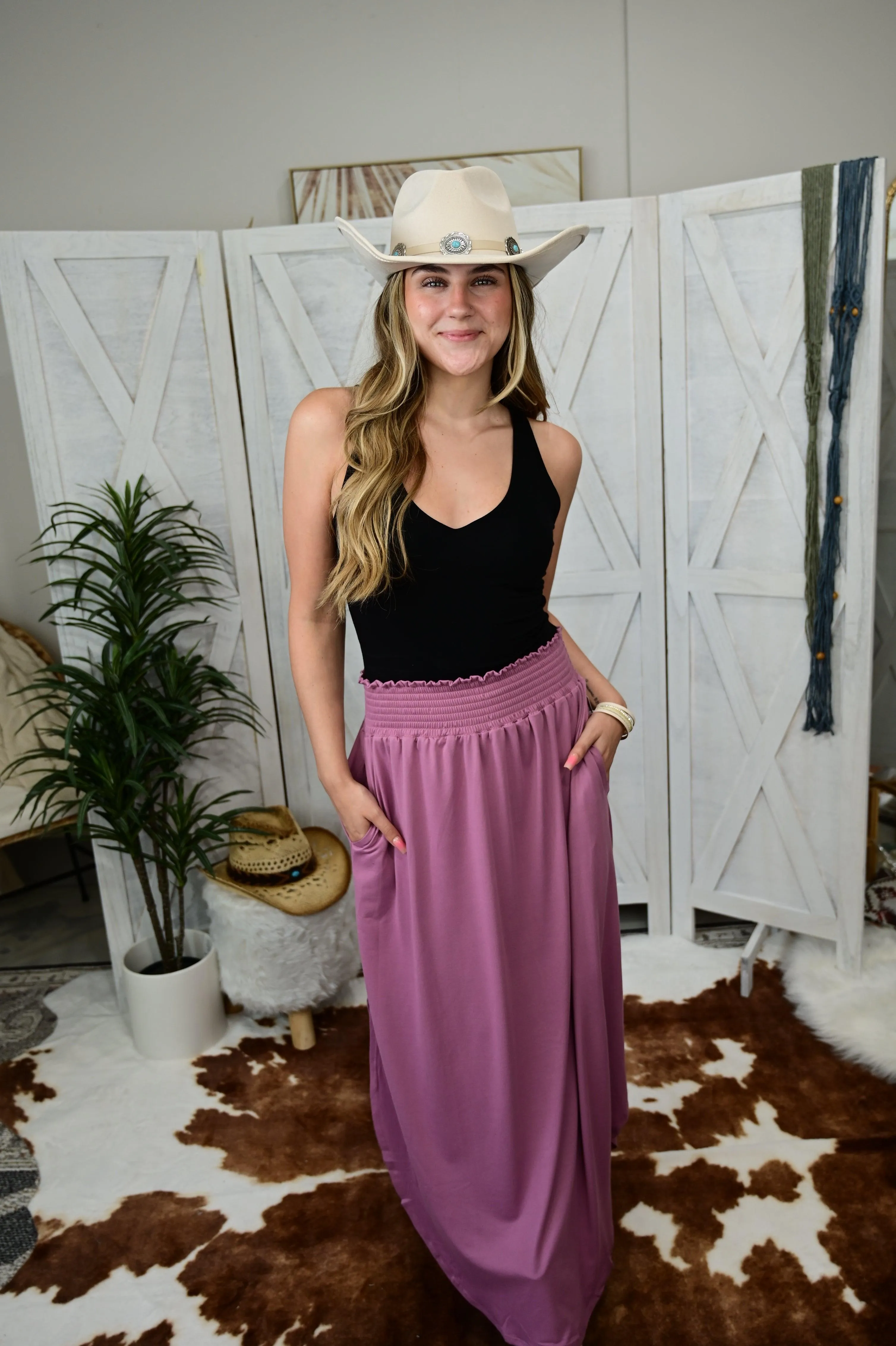 Julia Smocking waist maxi skirt with side pocket S-XL