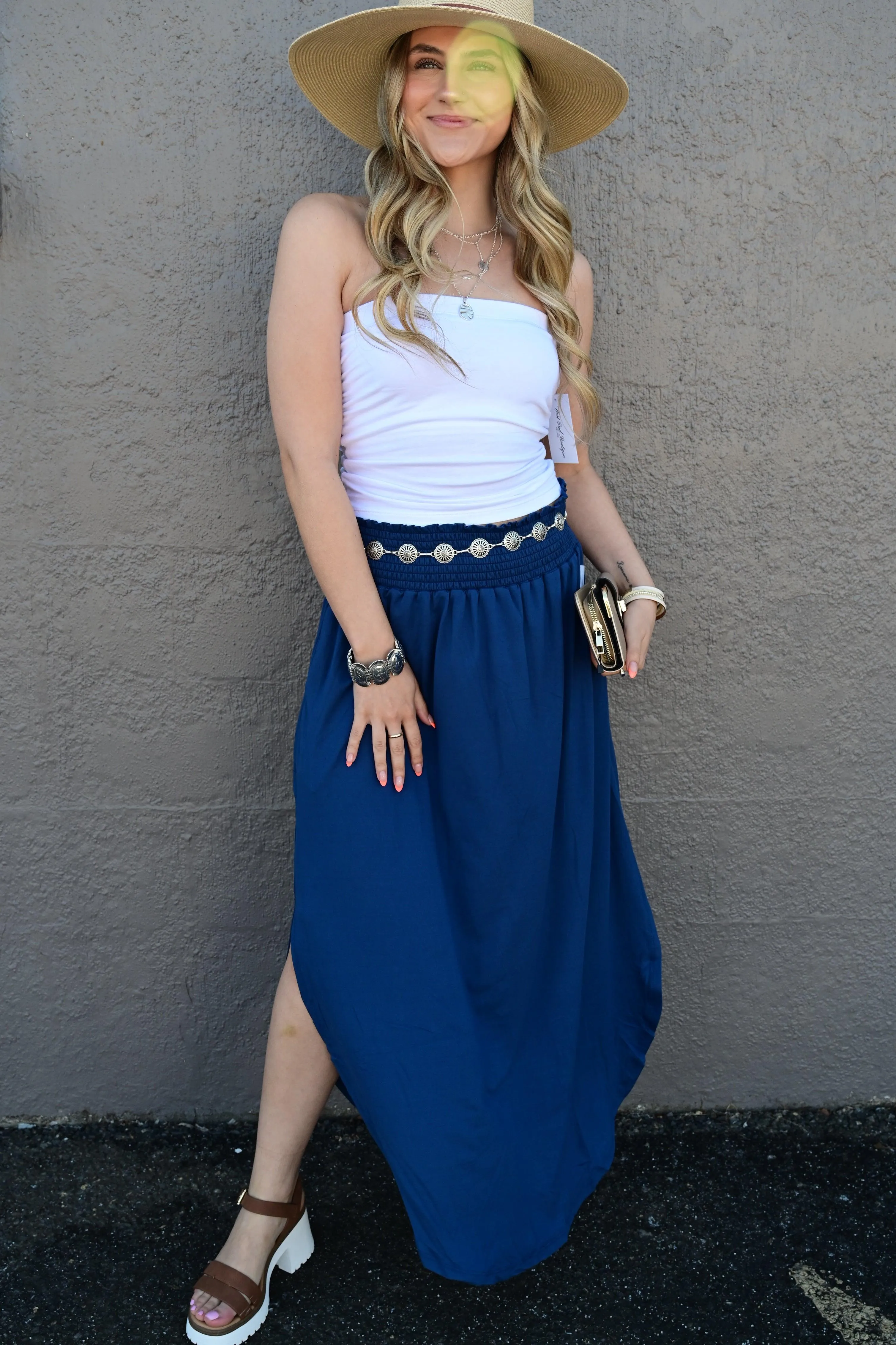 Julia Smocking waist maxi skirt with side pocket S-XL