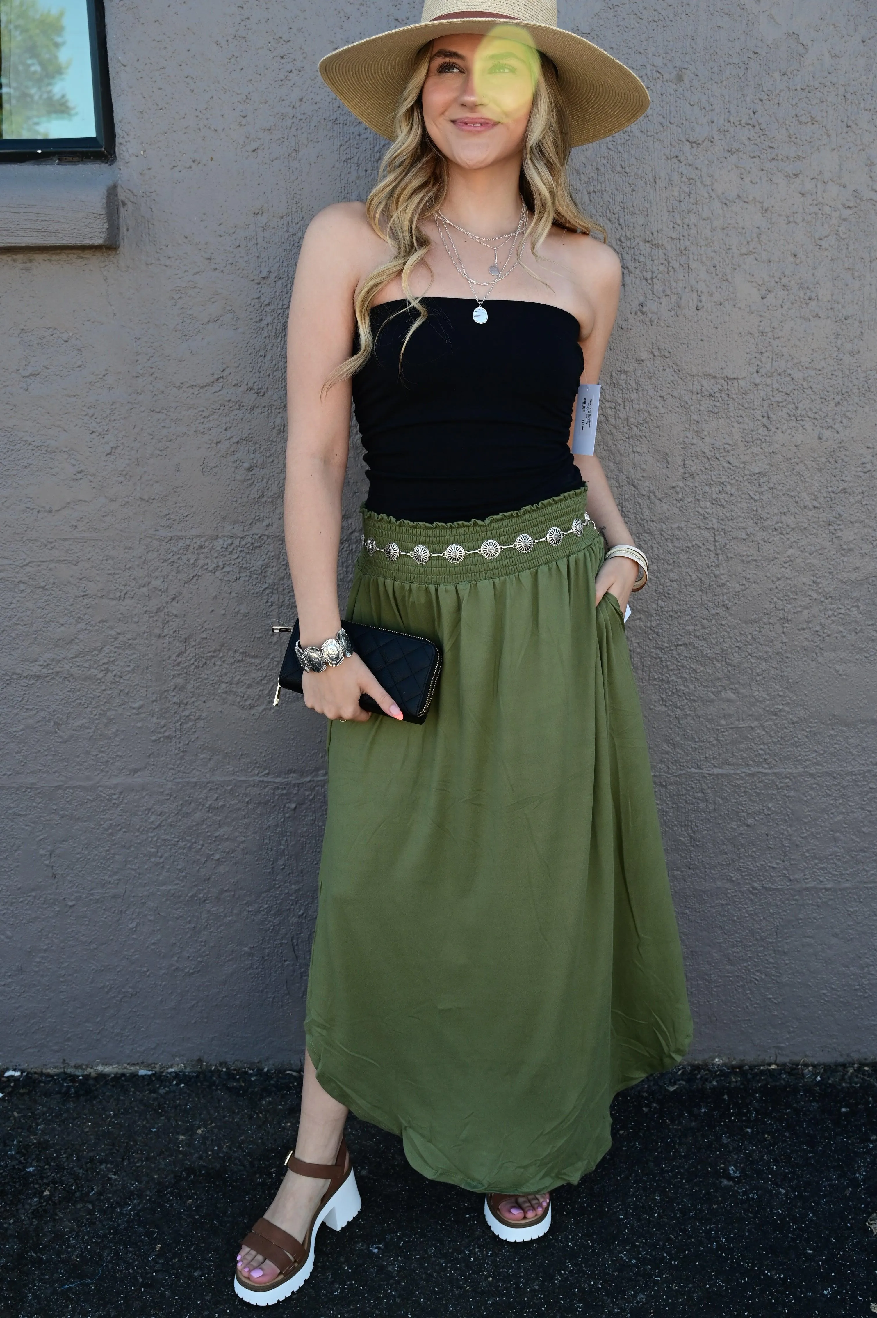 Julia Smocking waist maxi skirt with side pocket S-XL