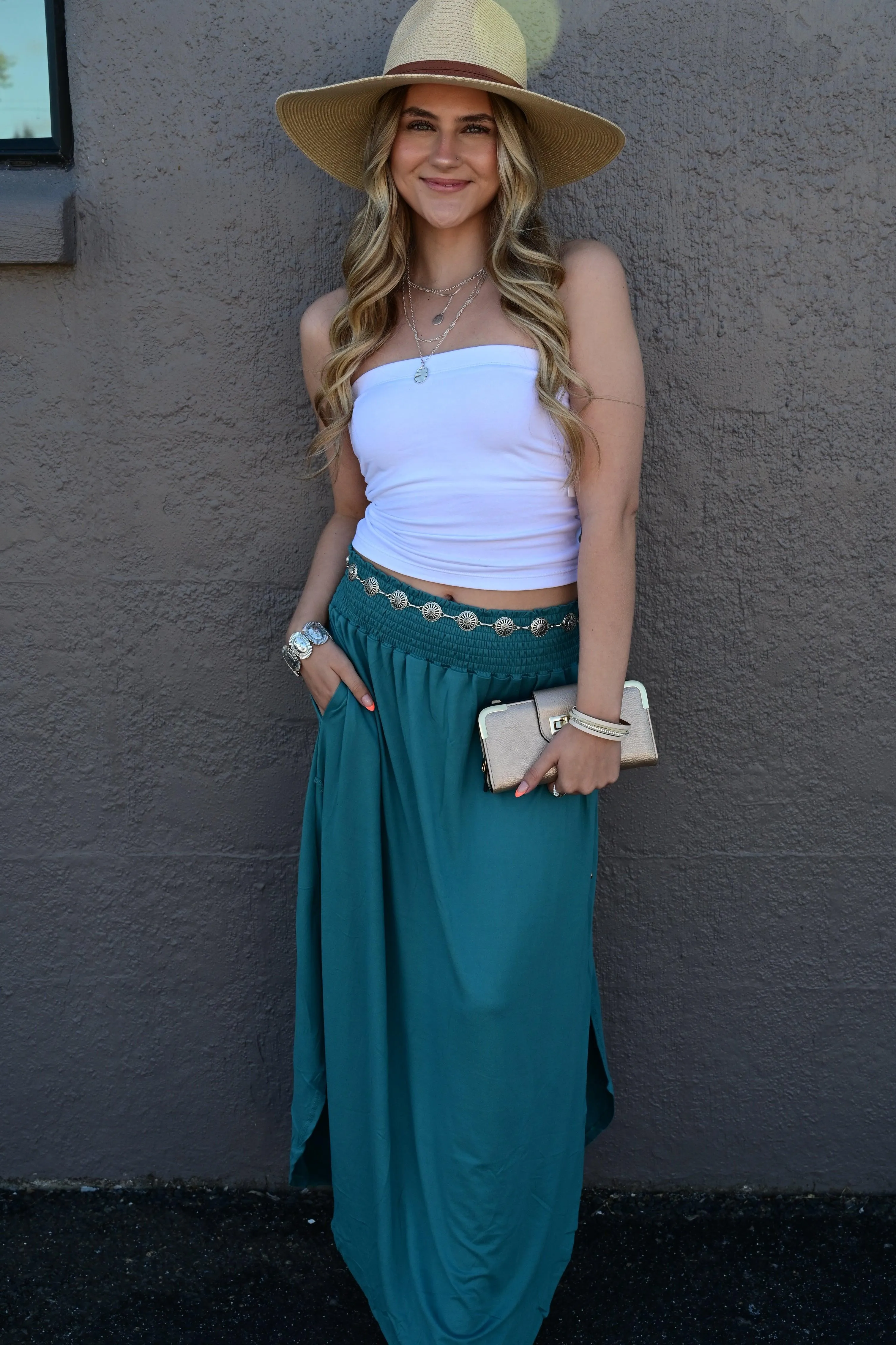 Julia Smocking waist maxi skirt with side pocket S-XL