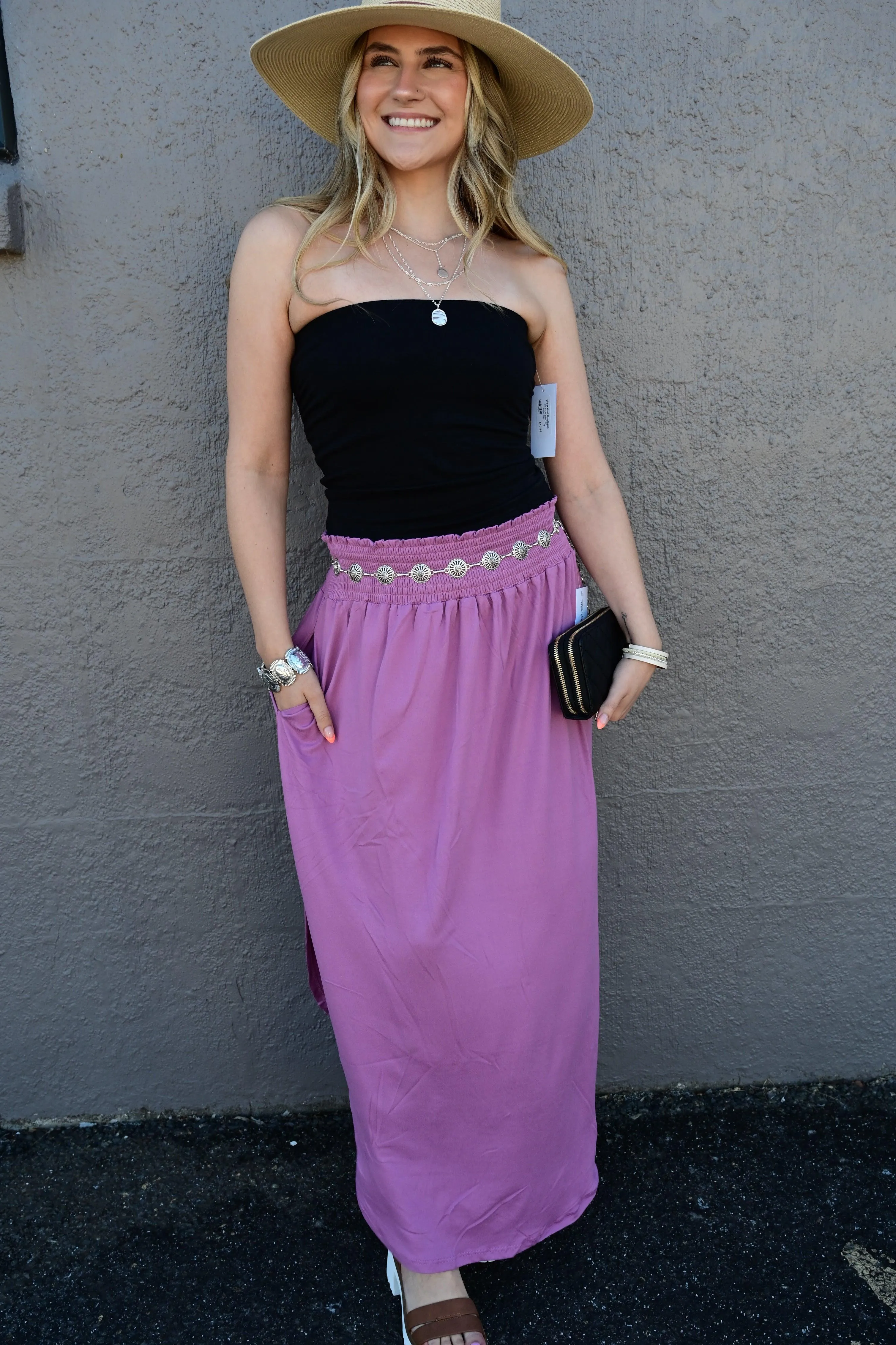 Julia Smocking waist maxi skirt with side pocket S-XL