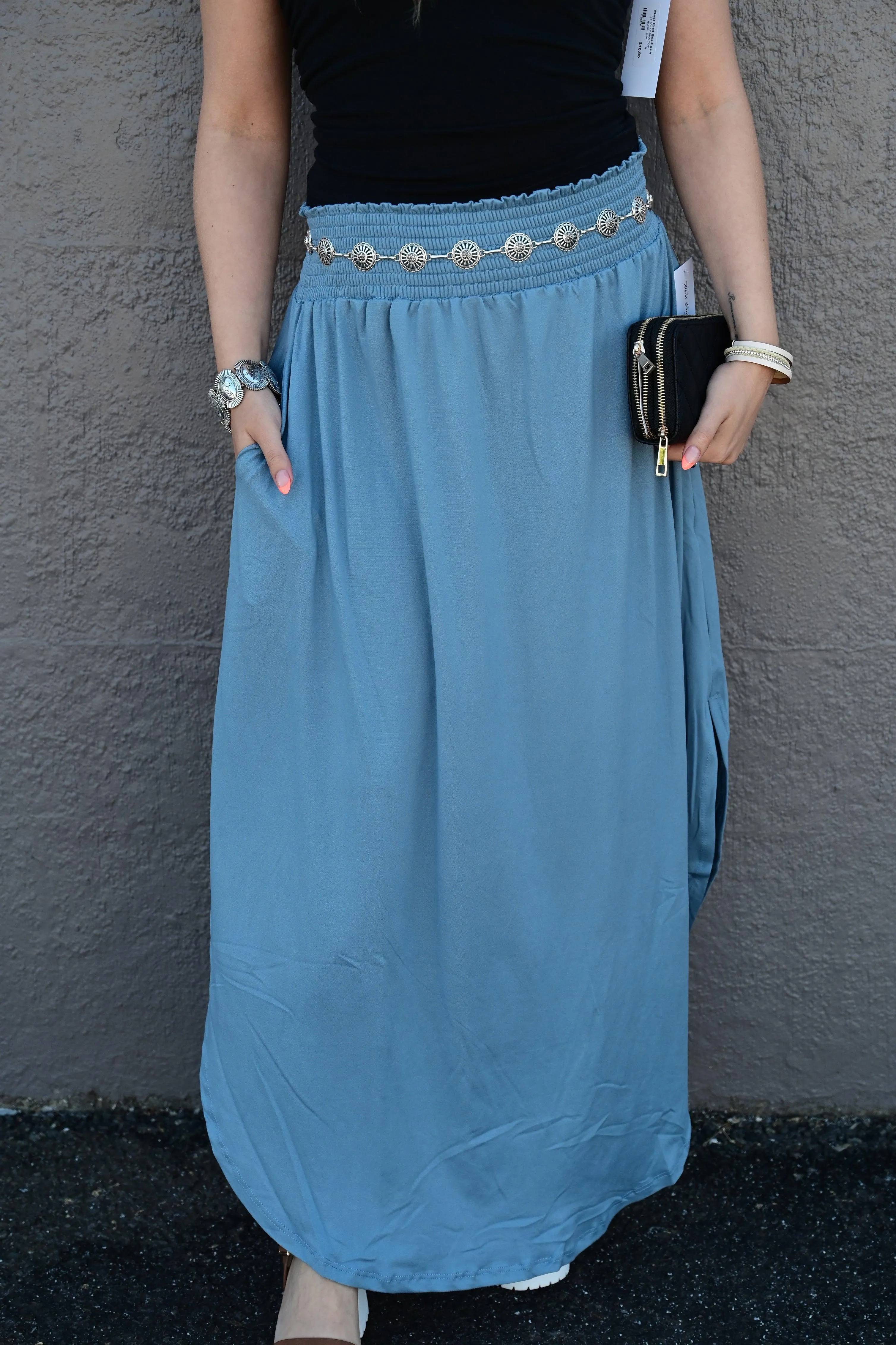 Julia Smocking waist maxi skirt with side pocket S-XL