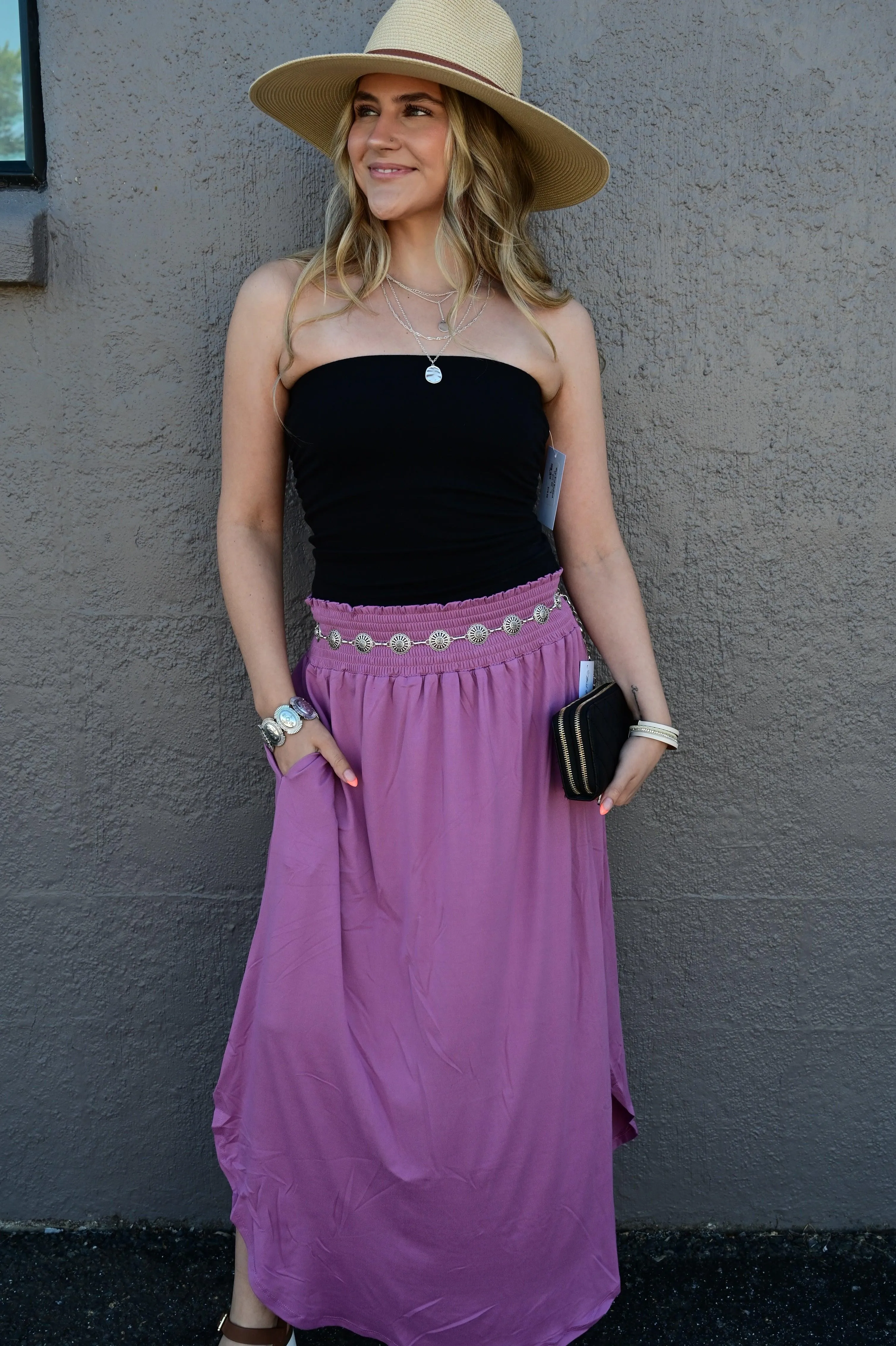 Julia Smocking waist maxi skirt with side pocket S-XL