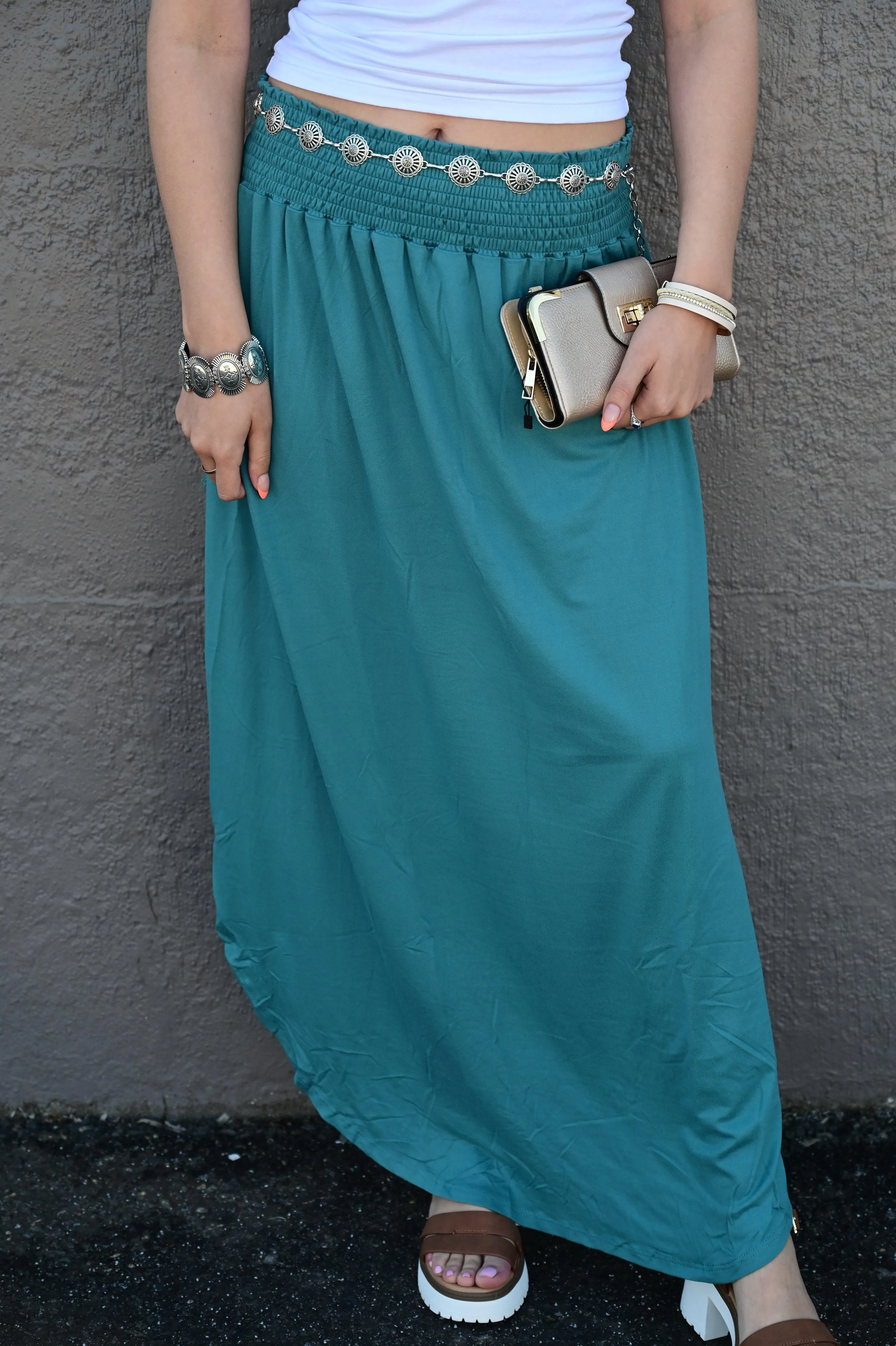 Julia Smocking waist maxi skirt with side pocket S-XL