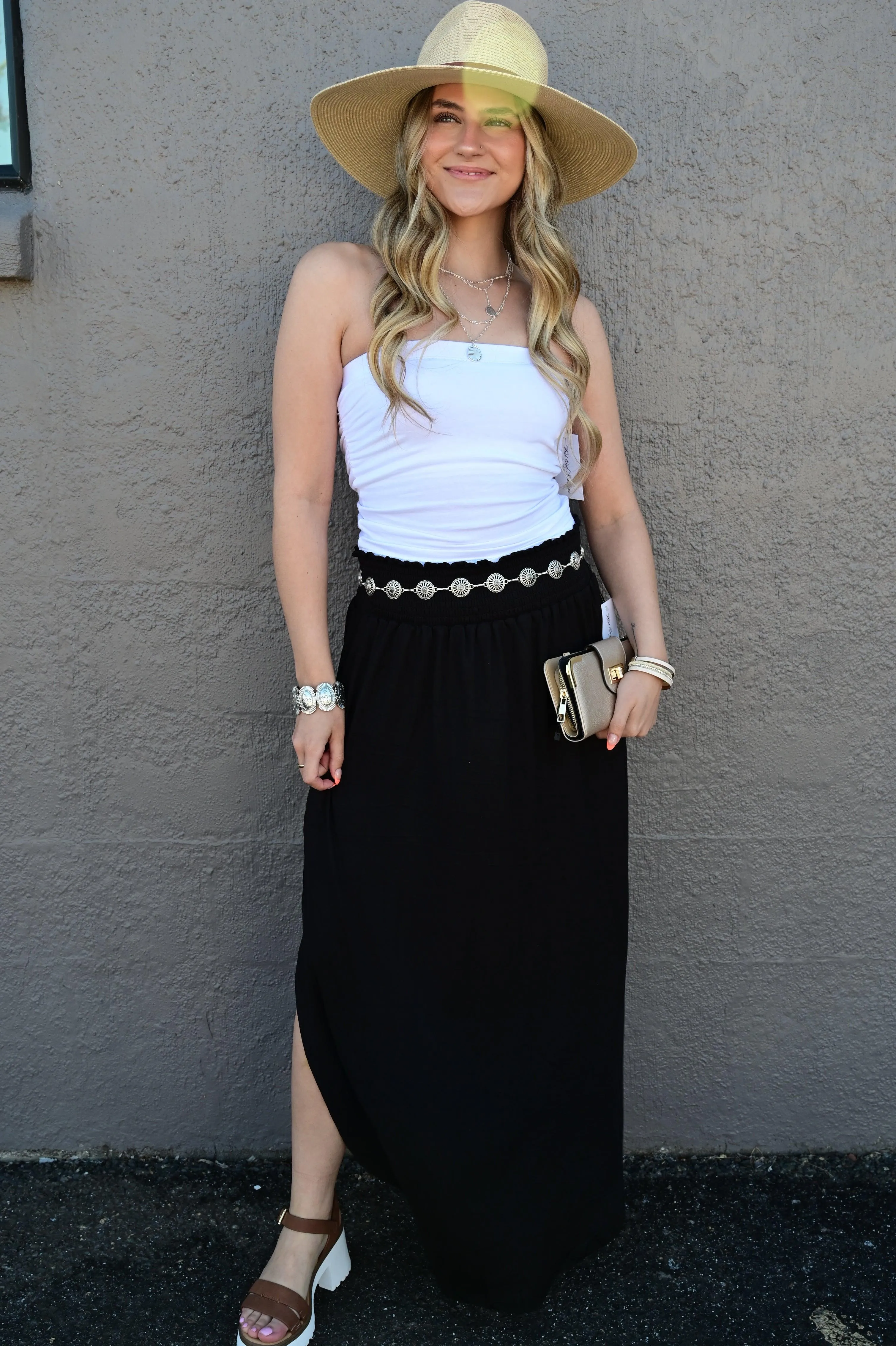 Julia Smocking waist maxi skirt with side pocket S-XL