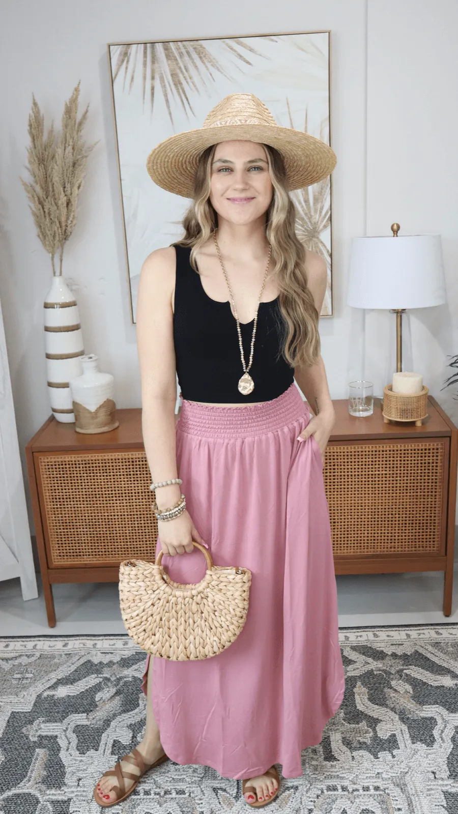Julia Smocking waist maxi skirt with side pocket S-XL