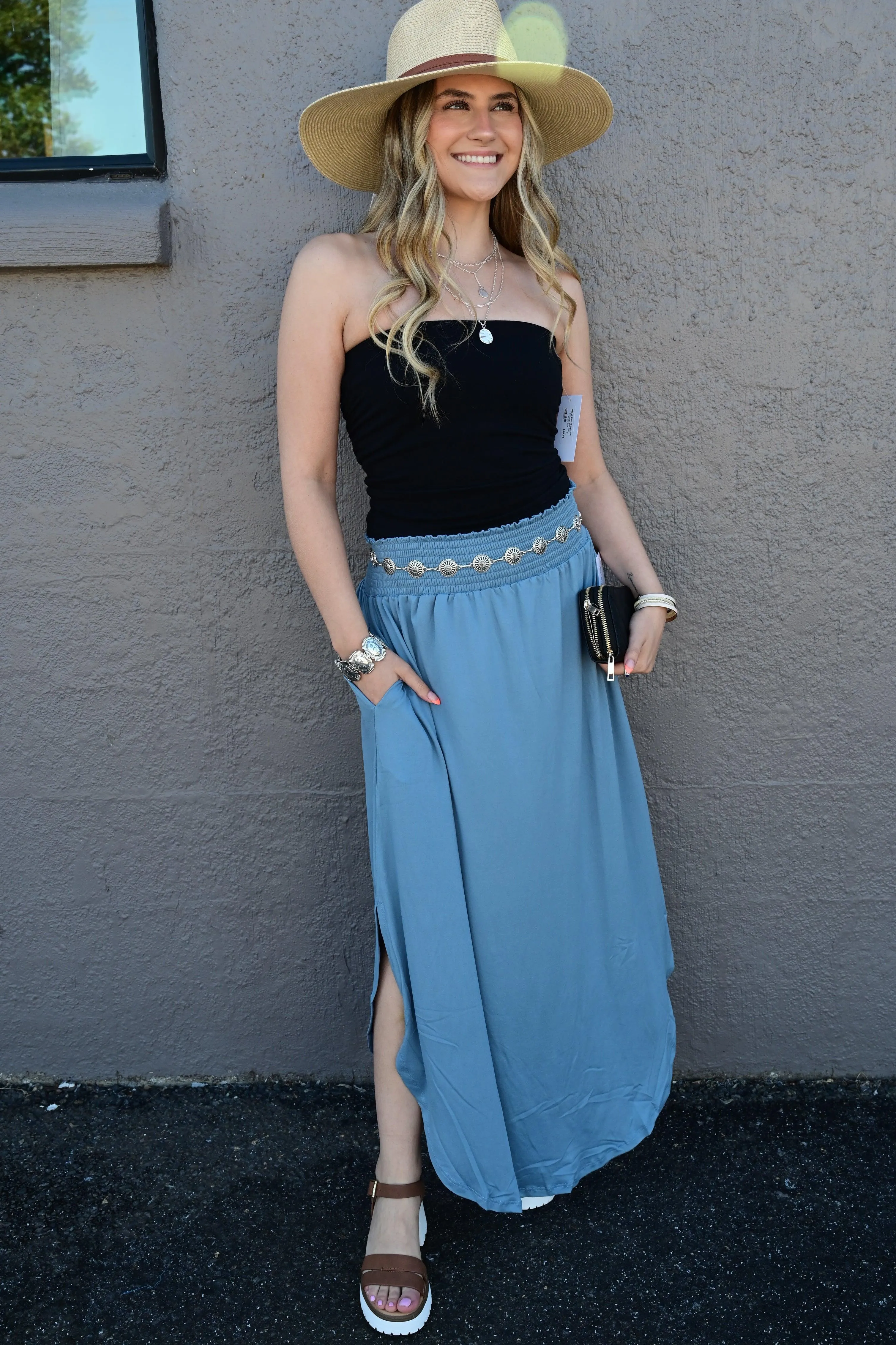 Julia Smocking waist maxi skirt with side pocket S-XL