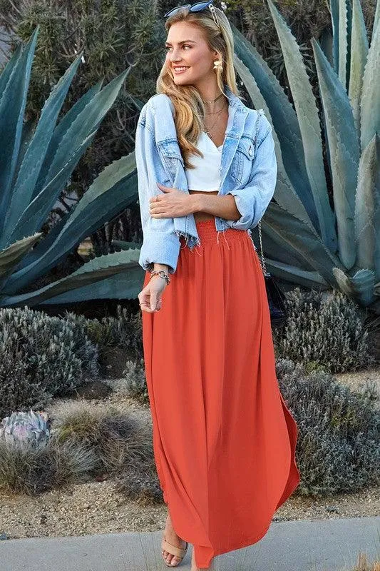 Julia Smocking waist maxi skirt with side pocket S-XL