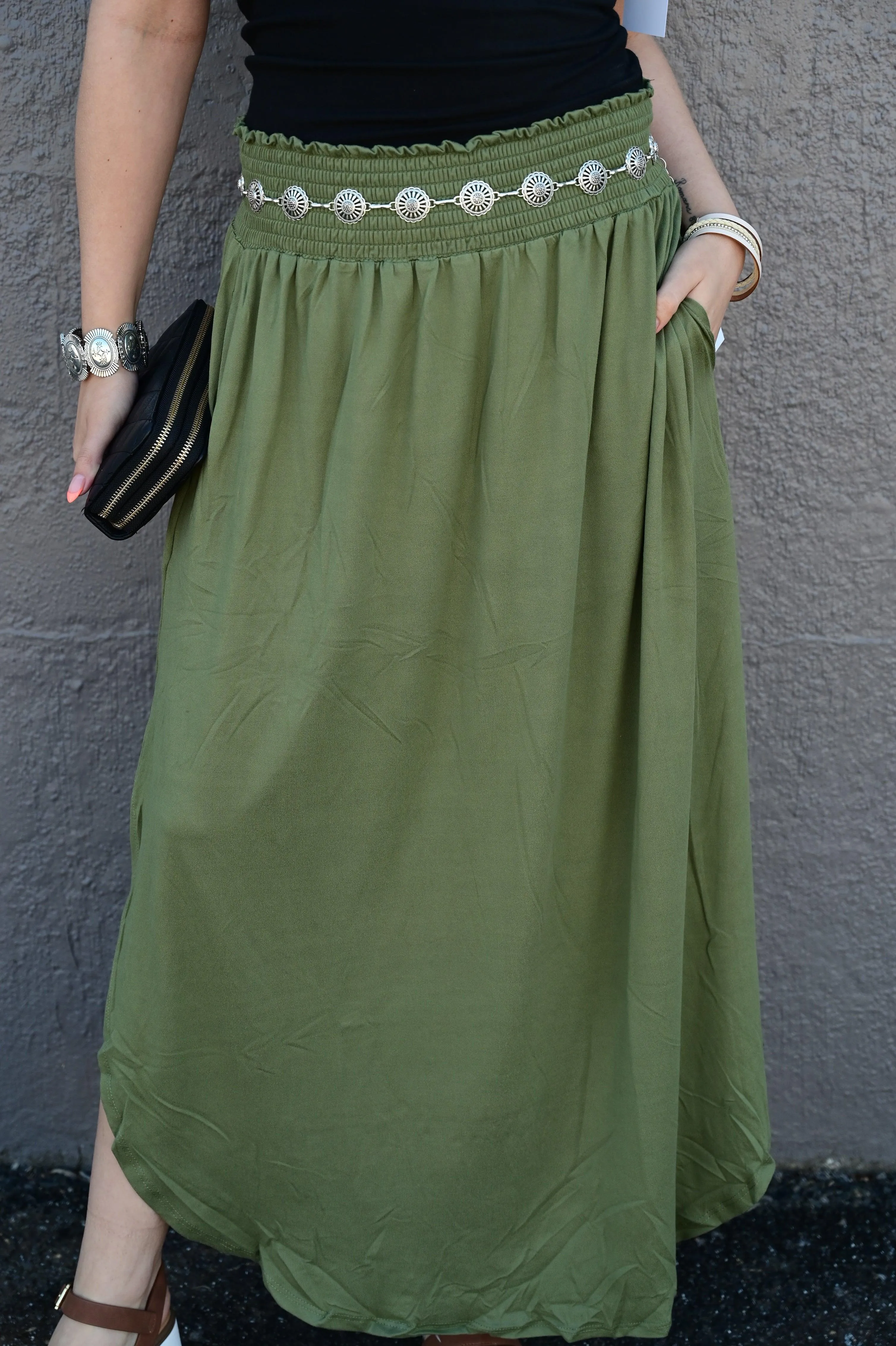 Julia Smocking waist maxi skirt with side pocket S-XL