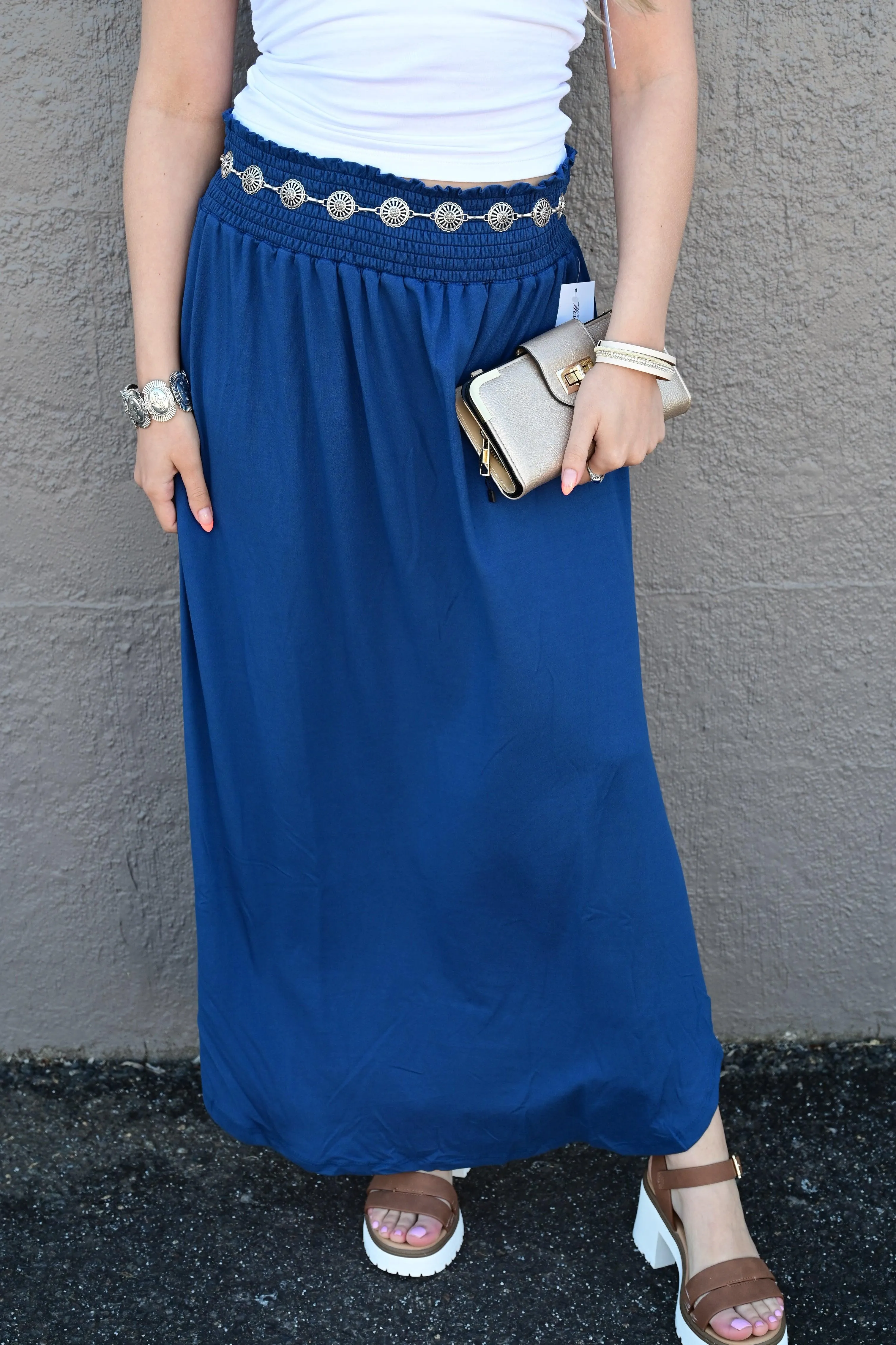 Julia Smocking waist maxi skirt with side pocket S-XL