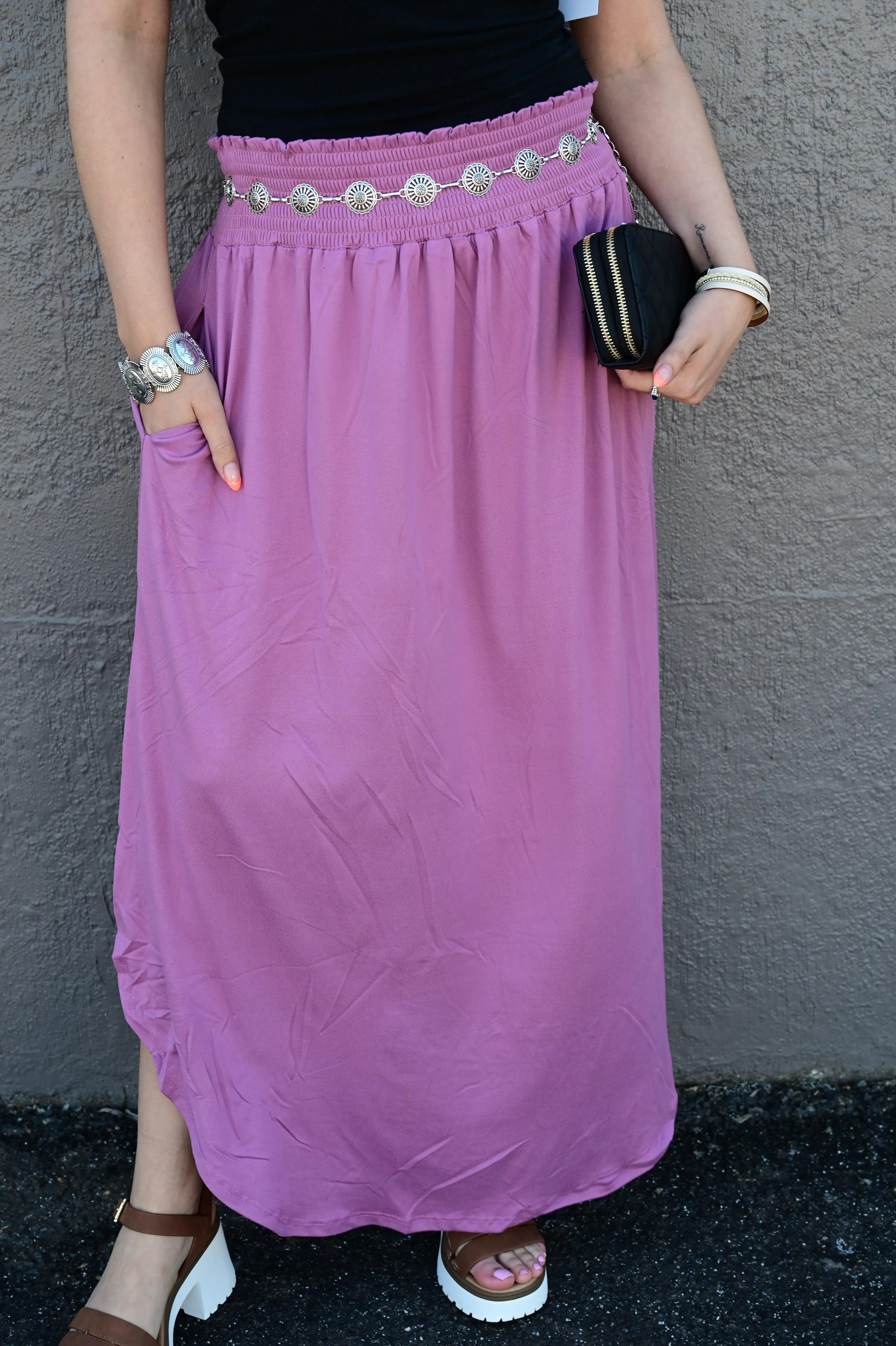 Julia Smocking waist maxi skirt with side pocket S-XL