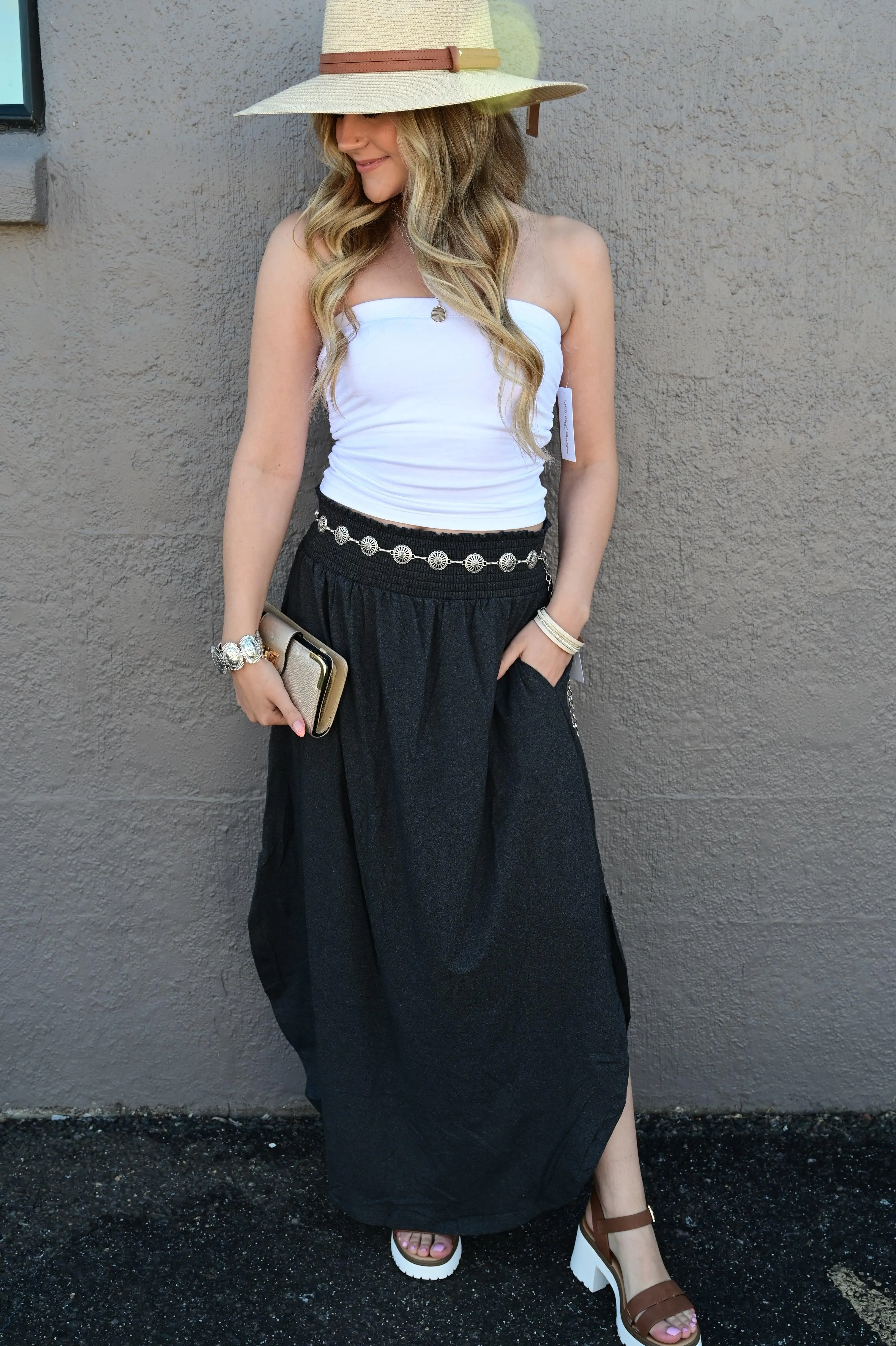 Julia Smocking waist maxi skirt with side pocket S-XL